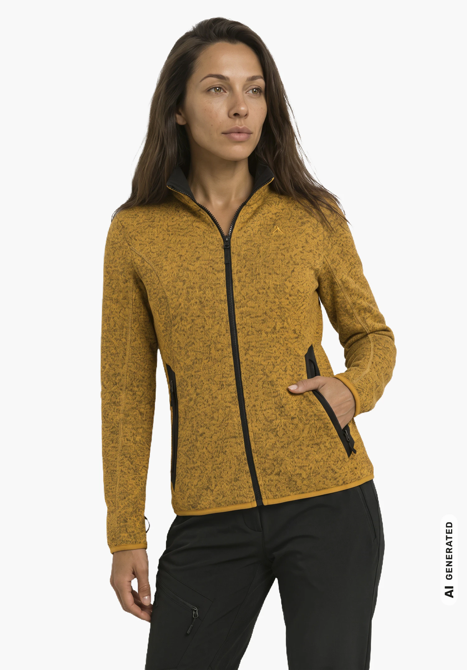 CIRC Fleece Jk Style Yew WMS in yellow with Schöffel logo, worn by a female model in a slight side view with hands in pockets against a white background. (AI-generated)