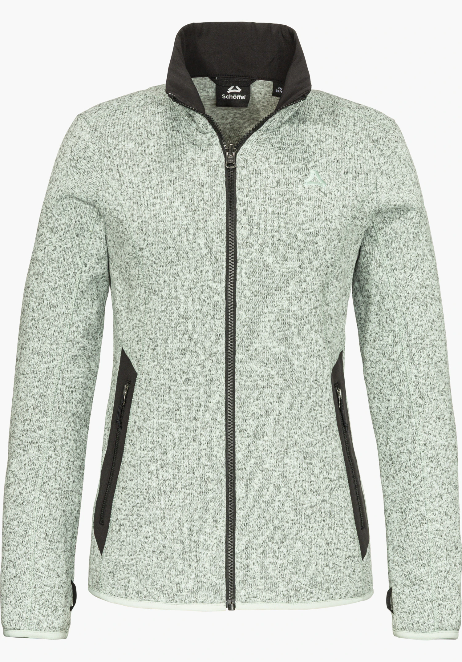 CIRC Fleece Jk Style Yew WMS, veste polaire verte avec fermeture éclair frontale, col montant, poches latérales et logo Schöffel, détourée sur fond blanc.