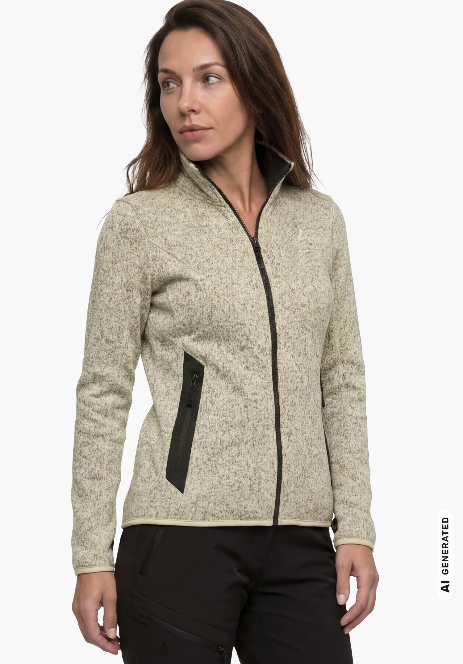 CIRC Fleece Jk Style Yew WMS in beige with stand-up collar and Schöffel logo, worn by a female model shown from the front with arms hanging down against a white background. (AI-generated)