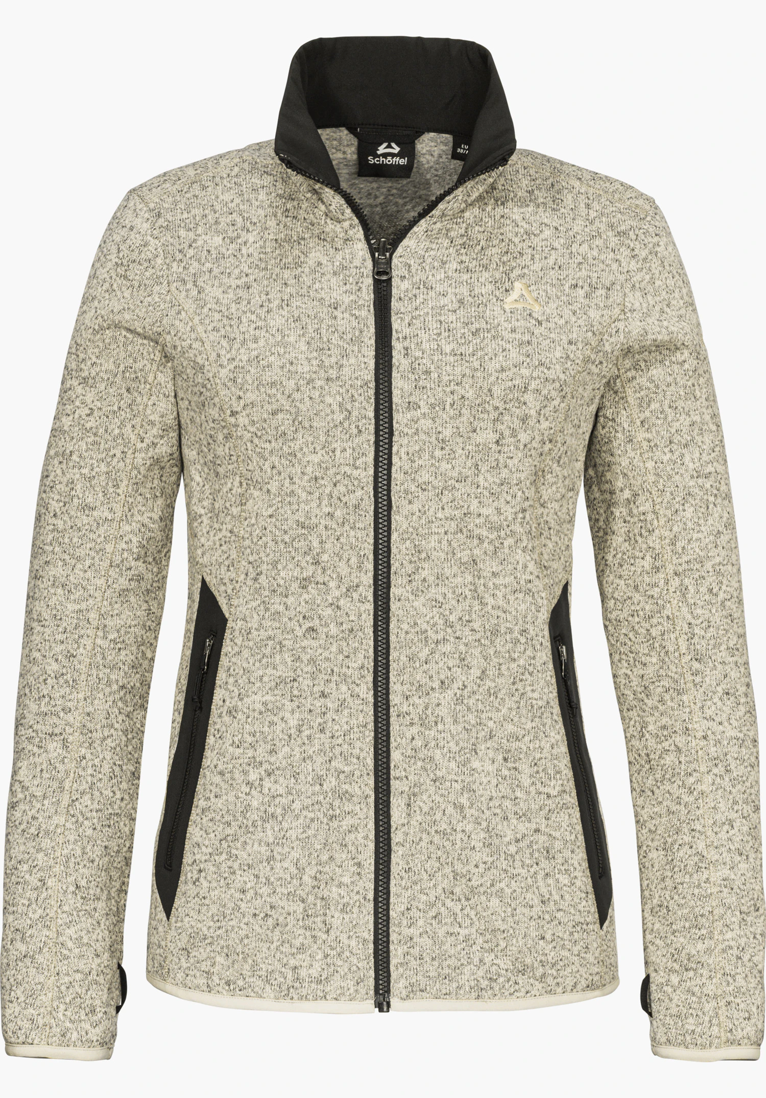 CIRC Fleece Jk Style Yew WMS fleece jacket in beige with a full-length black zipper, stand-up collar, zippered side pockets, embroidered Schöffel logo on the chest and Schöffel lettering in the collar area, isolated on a white background.