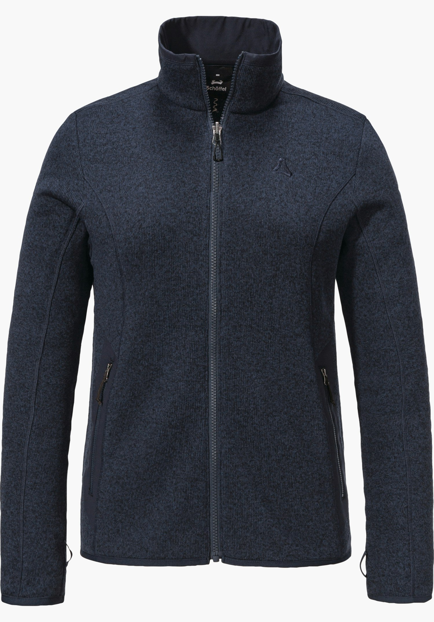 CIRC Fleece Jk Style Yew WMS veste polaire chinée bleu foncé cintrée, fermeture éclair fermée, logo Schöffel sur la poitrine, étiquette intérieure « Schöffel », sur fond blanc.