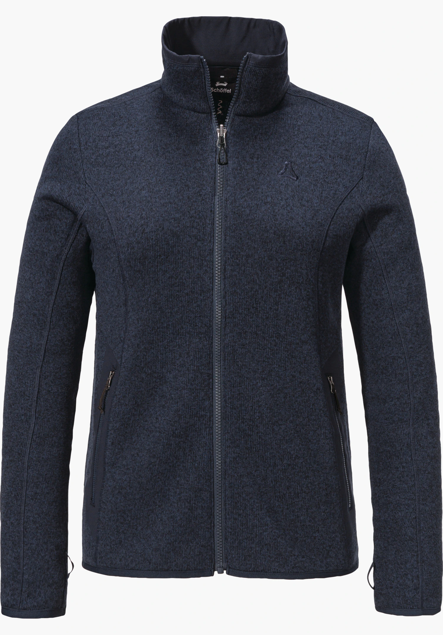 CIRC Fleece Jk Style Yew WMS Dunkelblaue, melierte, taillierte Fleecejacke mit geschlossenem Reißverschluss, Schöffel-Logo auf der Brust, Innenschild "Schöffel", auf weißem Hintergrund.