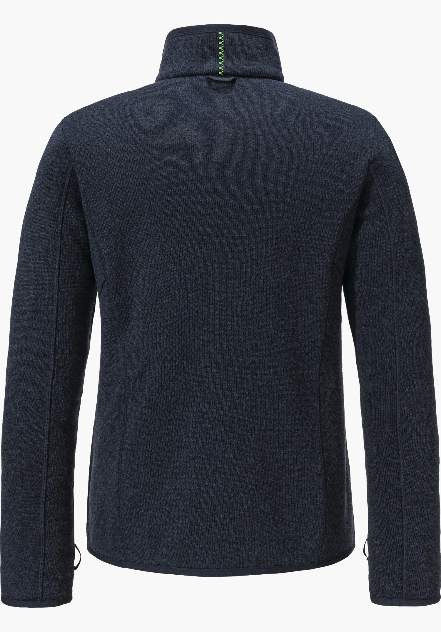 CIRC Fleece Jk Style Yew WMS dark blue fleece jacket, photographed from the back; high stand-up collar with green decorative stitch, long sleeves and slightly shaped fit against a white background.