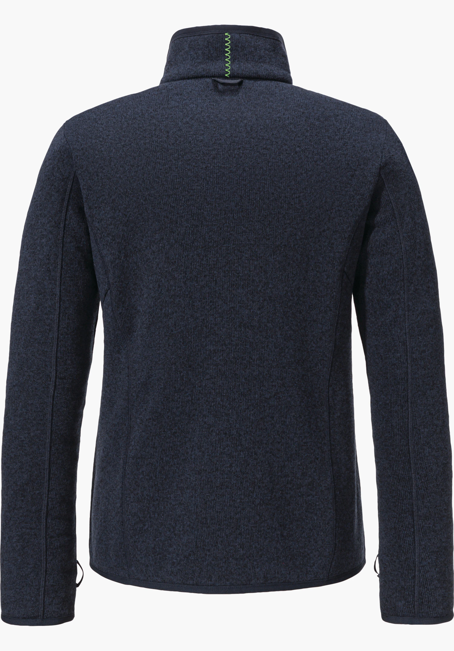 CIRC Fleece Jk Style Yew WMS Dunkelblaue Fleecejacke, von hinten fotografiert; hoher Stehkragen mit grünem Zierstich, lange Ärmel und leicht taillierte Form vor weißem Hintergrund.