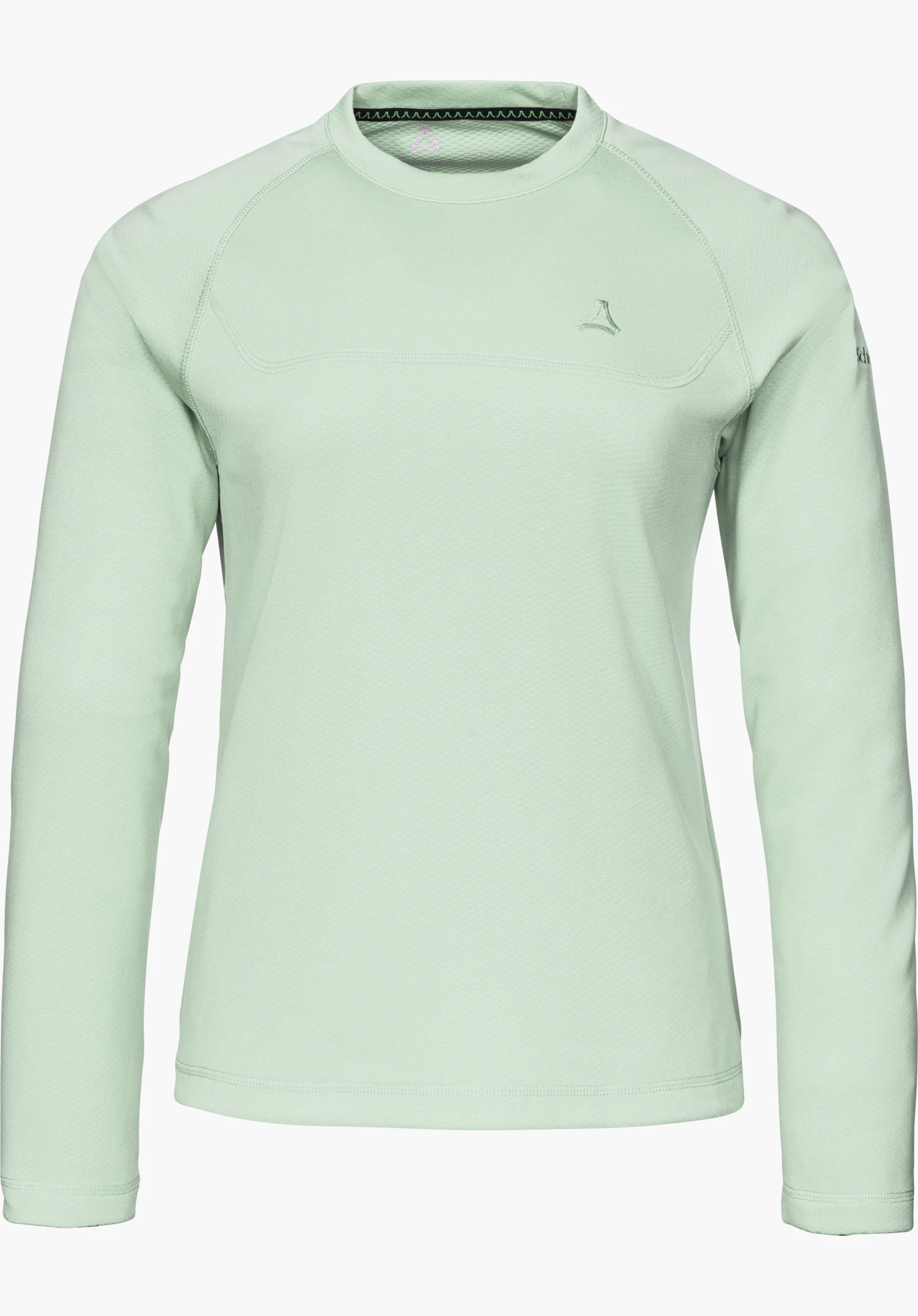 CIRC Longsleeve Style Smue WMS in green with a crew neck, long sleeves and tonal Schöffel logo on the chest, shown from the front and isolated on a white background.