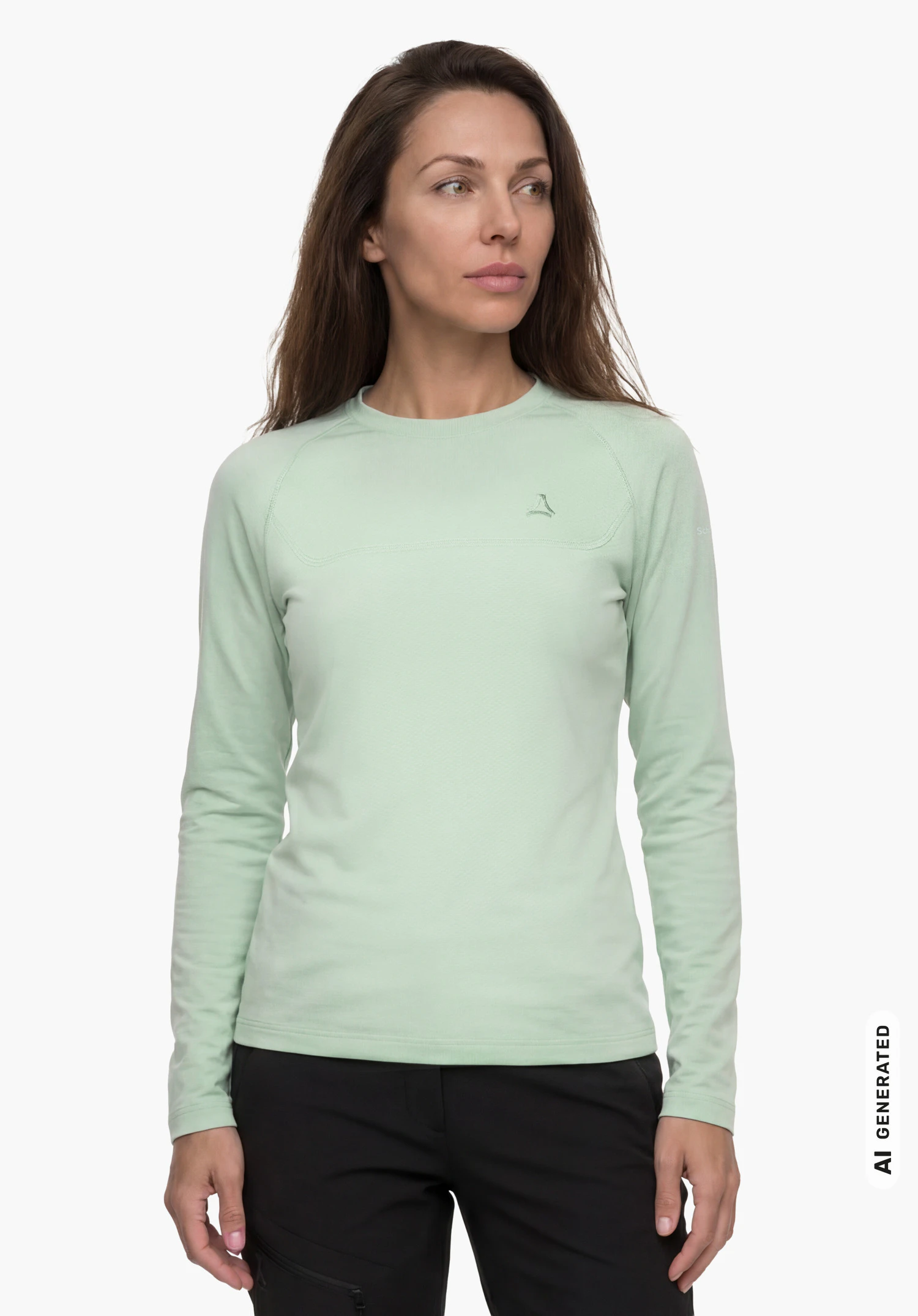 CIRC Longsleeve Style Smue WMS en vert avec logo Schöffel, porté par un modèle féminin debout et vu de face avec les bras le long du corps sur fond blanc. (Généré par IA)