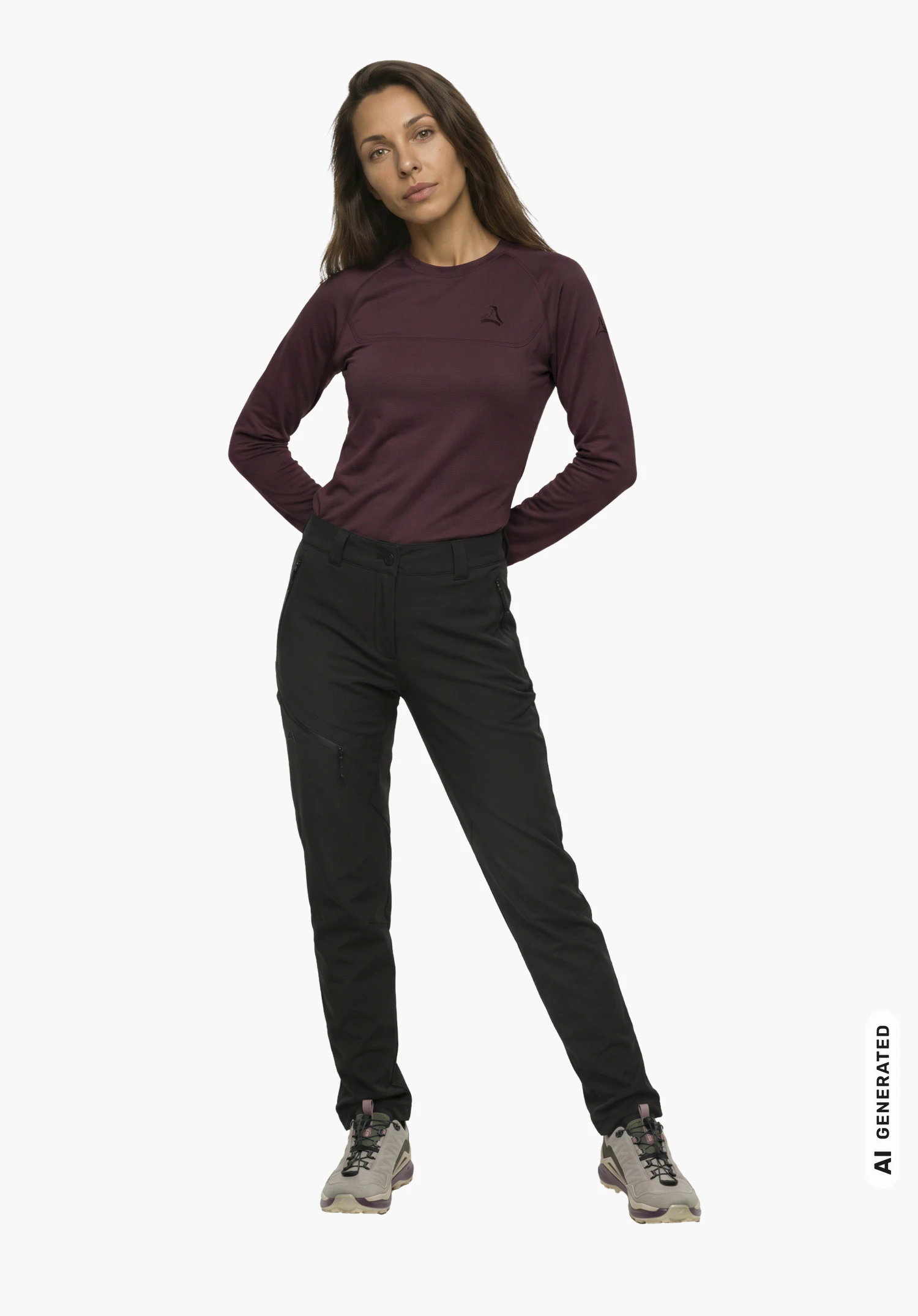 CIRC Longsleeve Style Smue WMS in purple with Schöffel logo, worn by a female model in a slight side view with hands behind her back against a white background. (AI-generated)