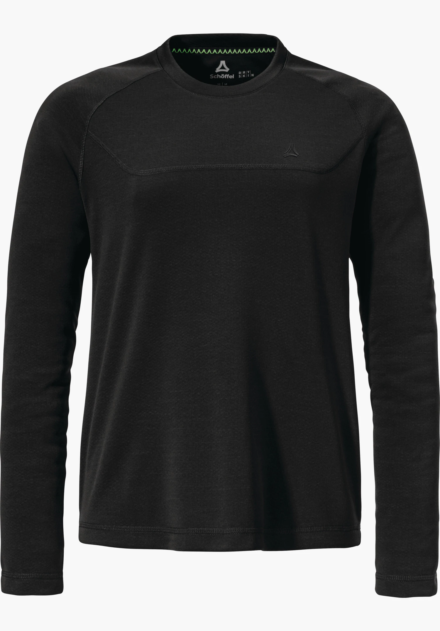 CIRC Longsleeve Smue WMS black long-sleeve shirt, front view on a white background; small Schöffel logo on the chest and inside the collar. Collar print: “Schöffel DRY SKIN M”.