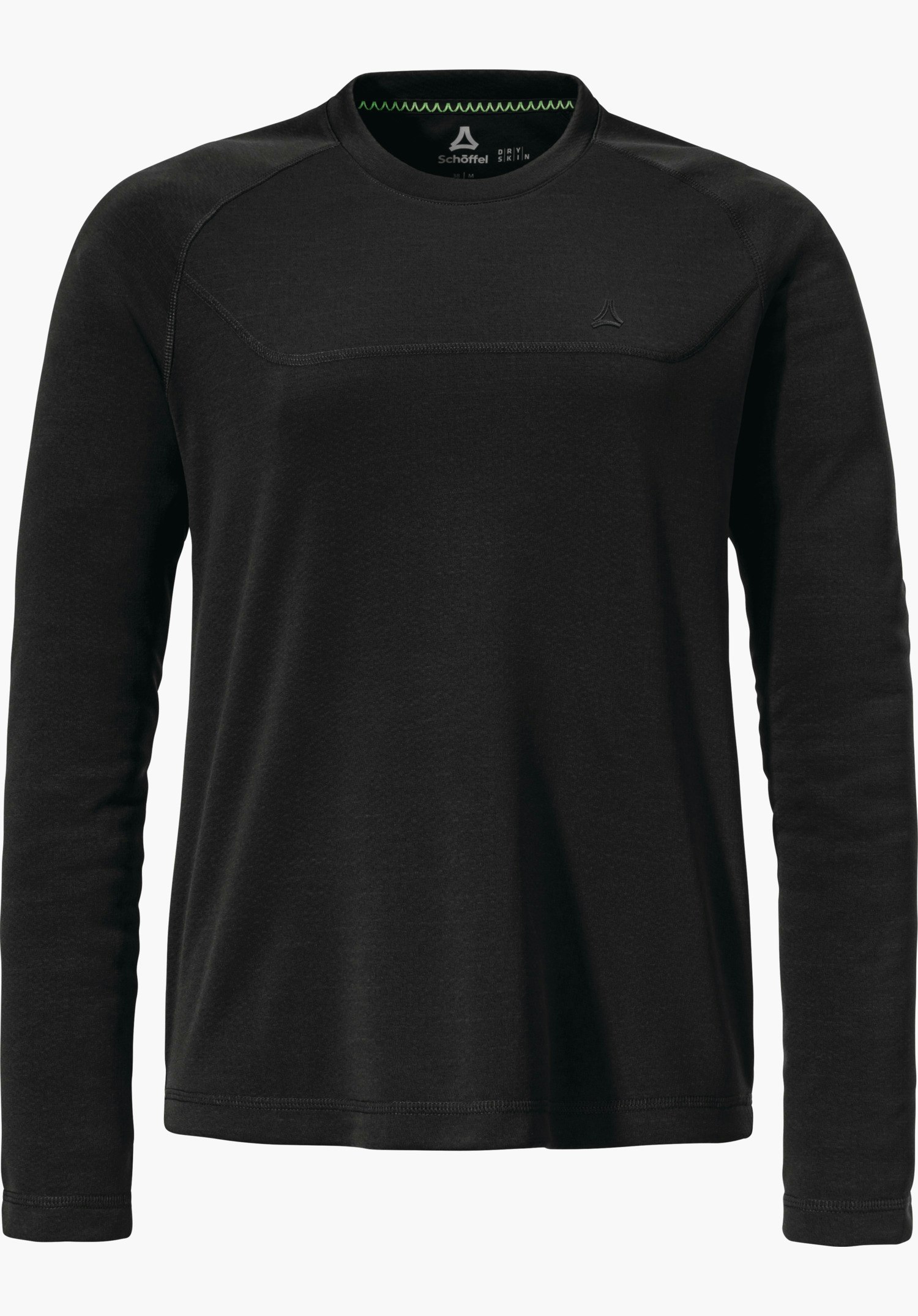 CIRC Longsleeve Smue WMS Schwarzes Langarmshirt, frontal präsentiert vor weißem Hintergrund; kleine Schöffel-Logo auf Brust und im Kragen. Kragenaufdruck: "Schöffel DRY SKIN M".