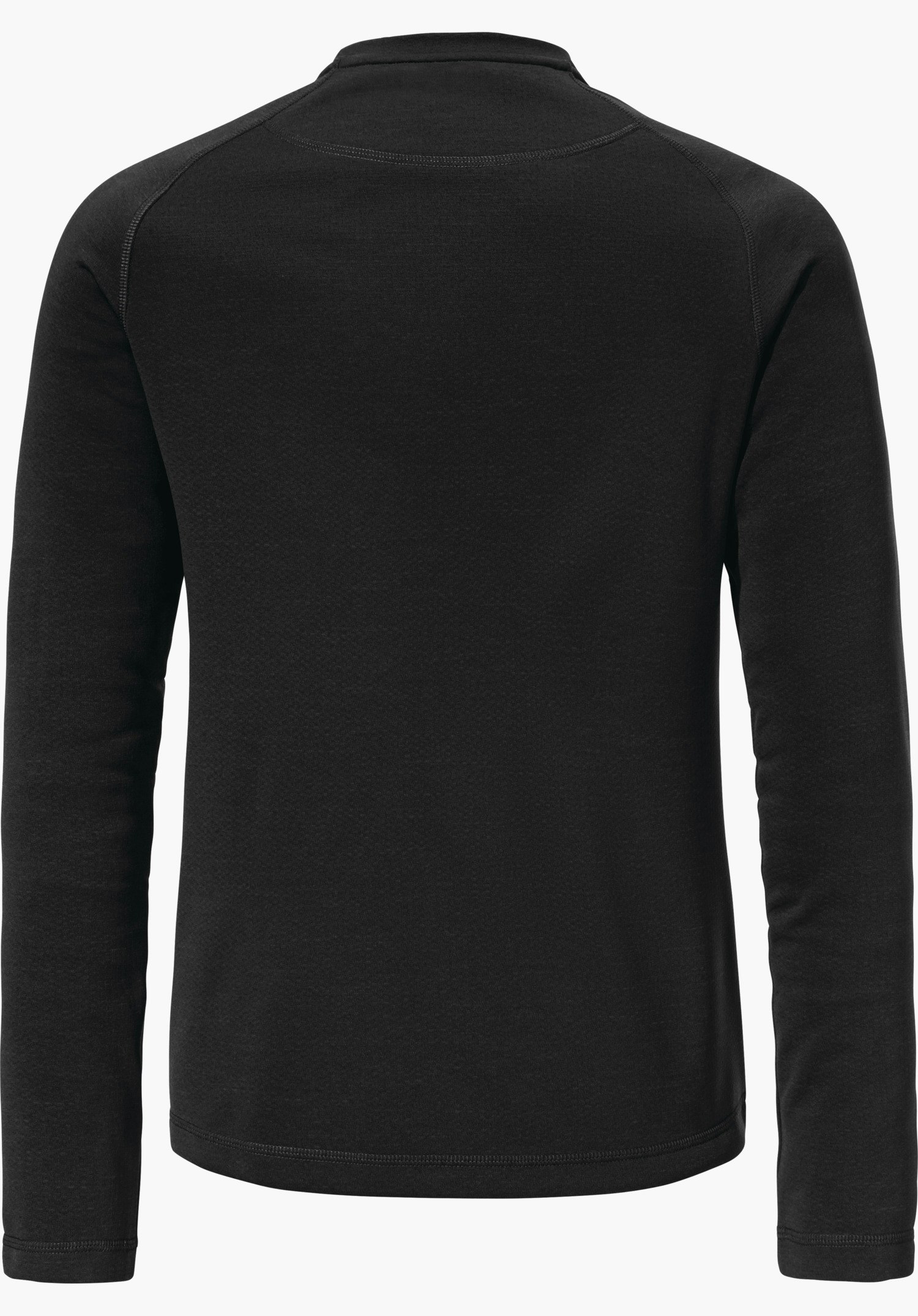 CIRC Longsleeve Smue WMS schwarzes Langarmshirt, Rückansicht; liegt flach, Ärmel seitlich gesenkt, glatter Stoff mit sichtbaren Nähten an Kragen und Saum, vor einfarbig hellem Hintergrund.