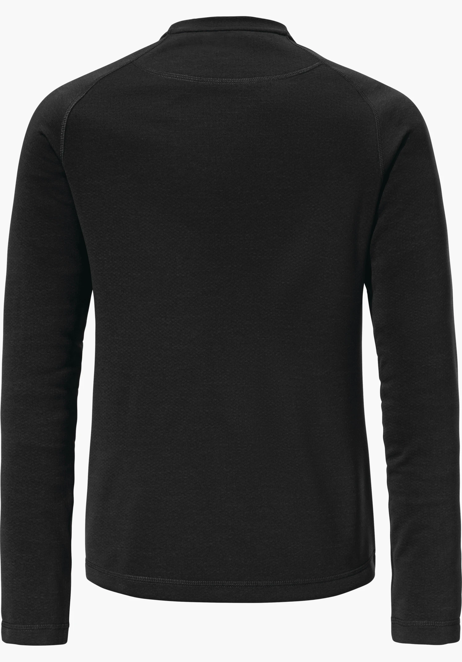 CIRC Longsleeve Smue WMS black long-sleeved shirt, rear view; laid flat, sleeves lowered to the sides, smooth fabric with visible seams at collar and hem, against a solid light background.