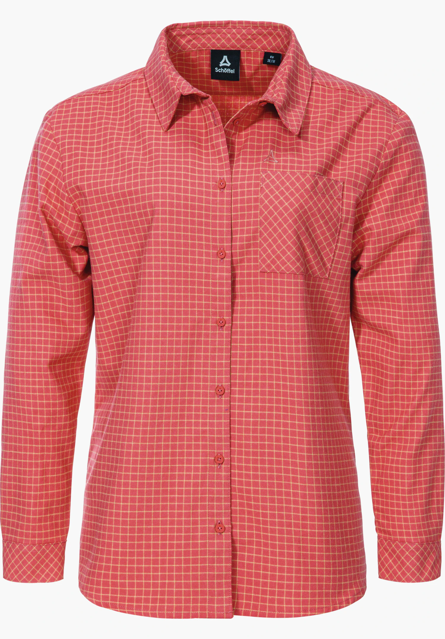 Blouse Style Boyoma WMS Rosa kariertes Hemd präsentiert frontal vor weißem Hintergrund; langärmelig, geschlossene Knopfleiste, umgelegter Kragen, linke Brusttasche. Schöffel-Logo sichtbar. Schriftzug: "Schöffel", "EU 38/M".