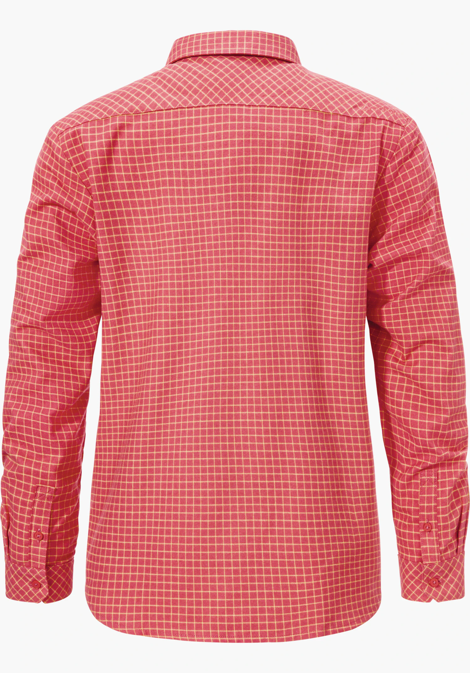 Blouse Style Boyoma WMS Bluse, Rückansicht, kariert hellrot mit gelben Linien, lange Ärmel und Manschetten, leichter Rundsaum, vor weißem Hintergrund.