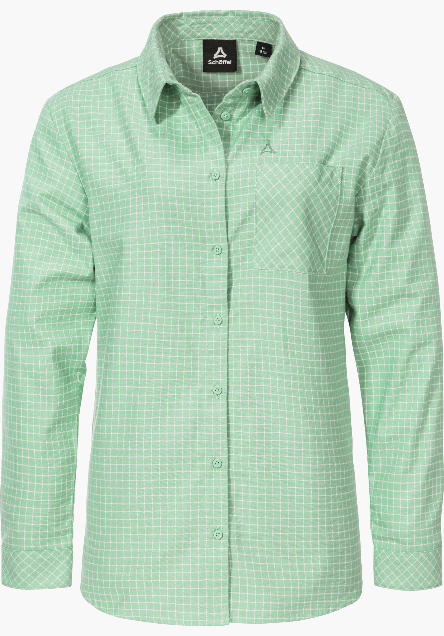 Blouse Style Boyoma WMS chemise vert clair à manches longues avec motif à carreaux blanc, boutonnée sur l’avant, présentée à plat sur fond blanc; poche poitrine, logo Schöffel au-dessus de la poche. Inscriptions: « Schöffel », « EU 38 / M ».