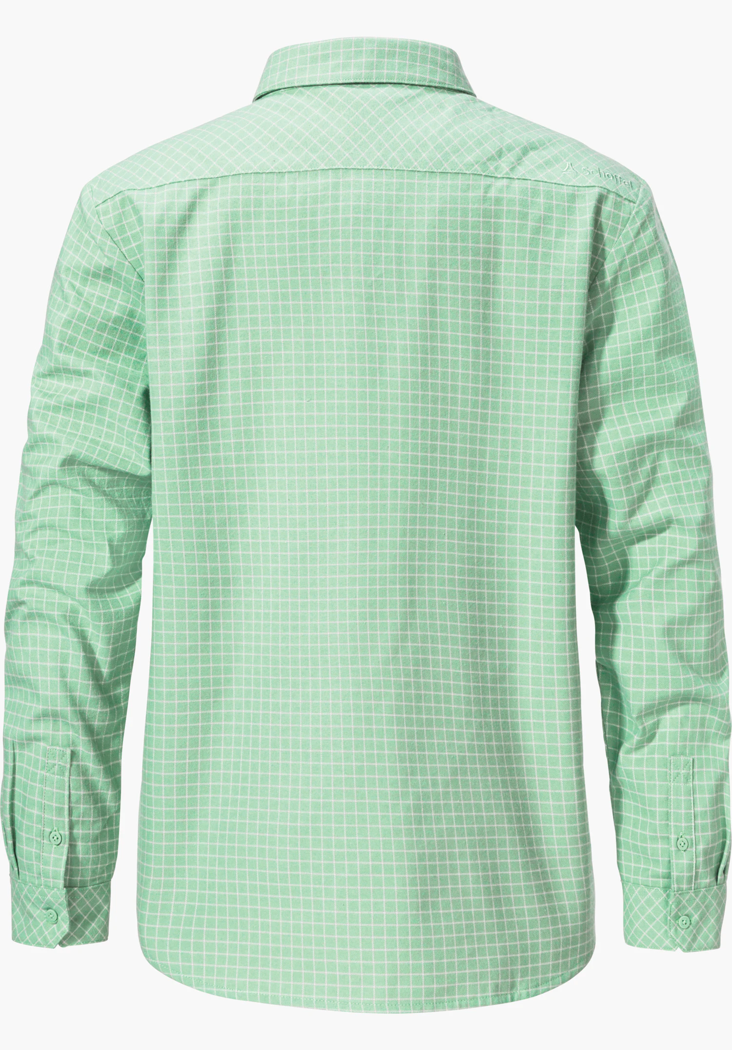Blouse Style Boyoma WMS Bluse, flach präsentiert, Rückansicht, hellgrün mit weißem Gitterkaromuster, langärmlig, neutraler weißer Hintergrund; Schöffel-Logo rechts oben. Text: Schöffel.