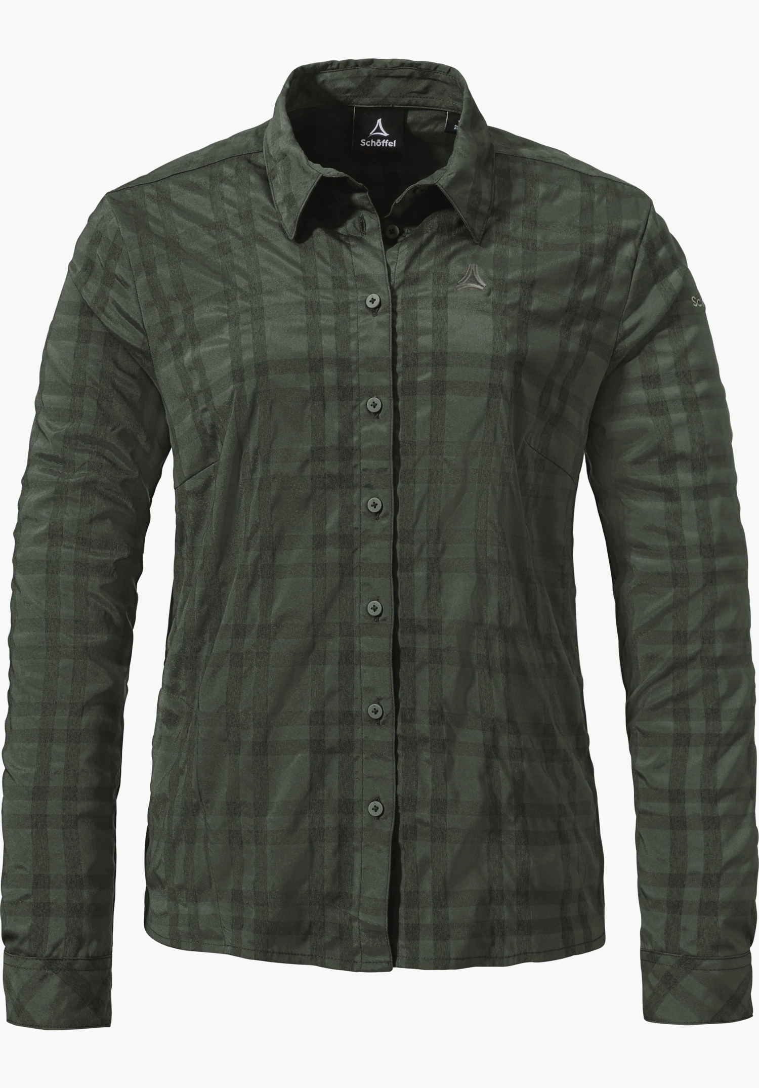 Blouse Style Yekuro WMS blouse vert foncé à carreaux, boutonnée, présentée de face sur fond blanc. Logo Schöffel sur la poitrine. Inscription: « Schöffel » (étiquette au col et manche).