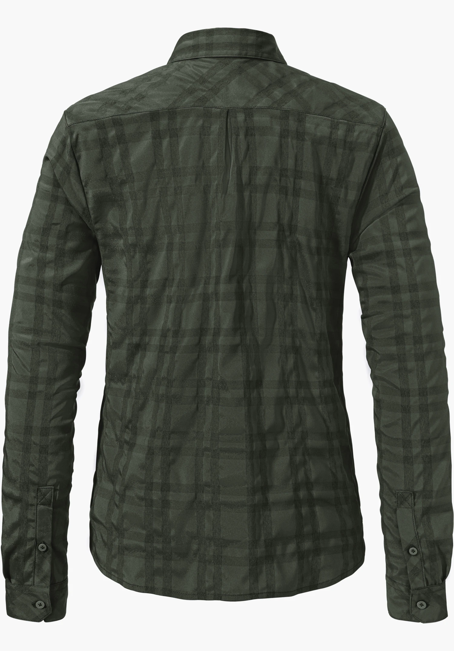 Blouse Style Yekuro WMS chemise à carreaux vert foncé, vue arrière; manches longues avec col et poignets, légers plis, fond blanc.