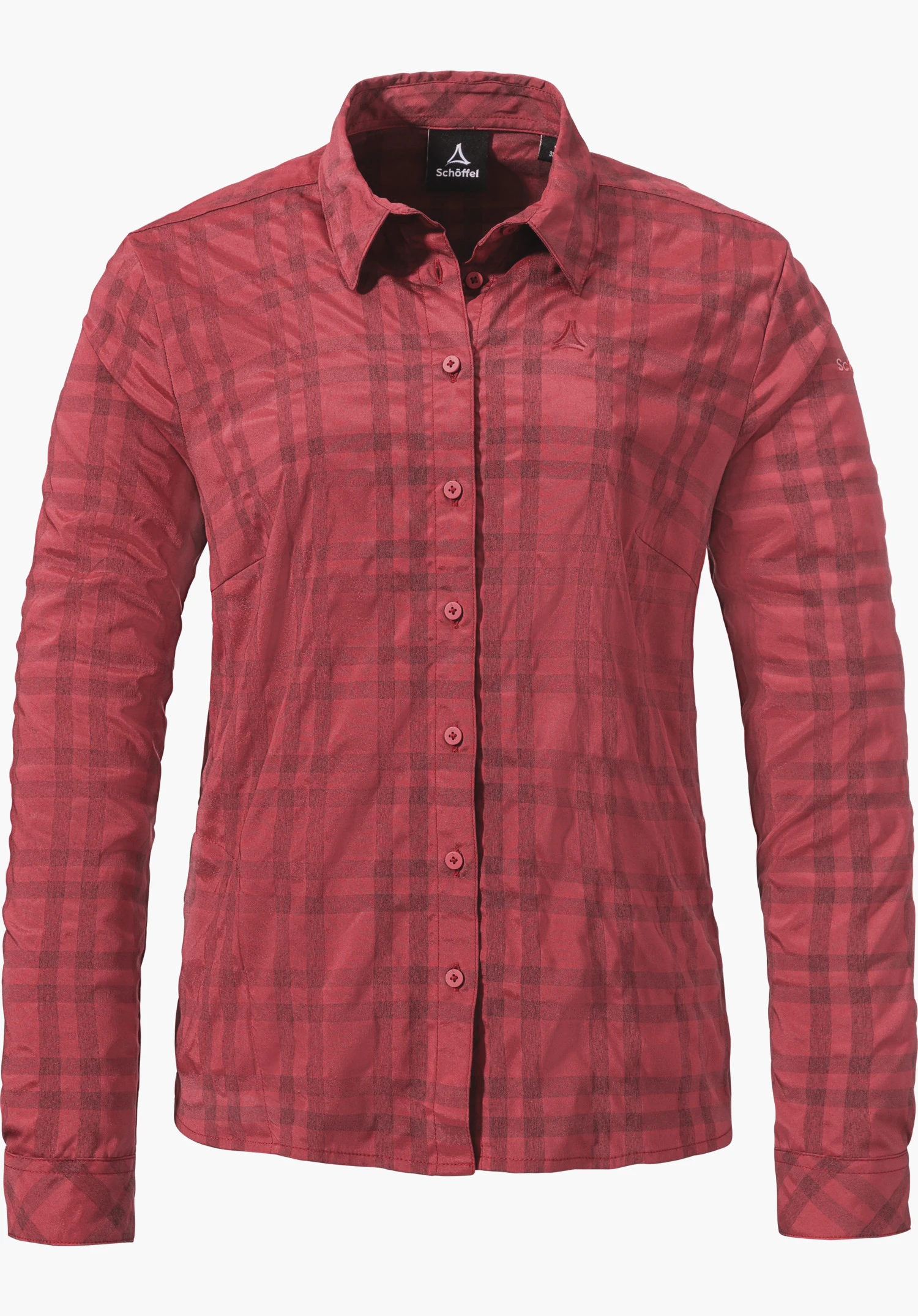 Blouse Style Yekuro WMS Rote, langärmelige karierte Bluse mit dunkelrotem Karomuster, frontal geknöpft auf weißem Hintergrund; mit Schöffel-Logo und Schriftzug "Schöffel".