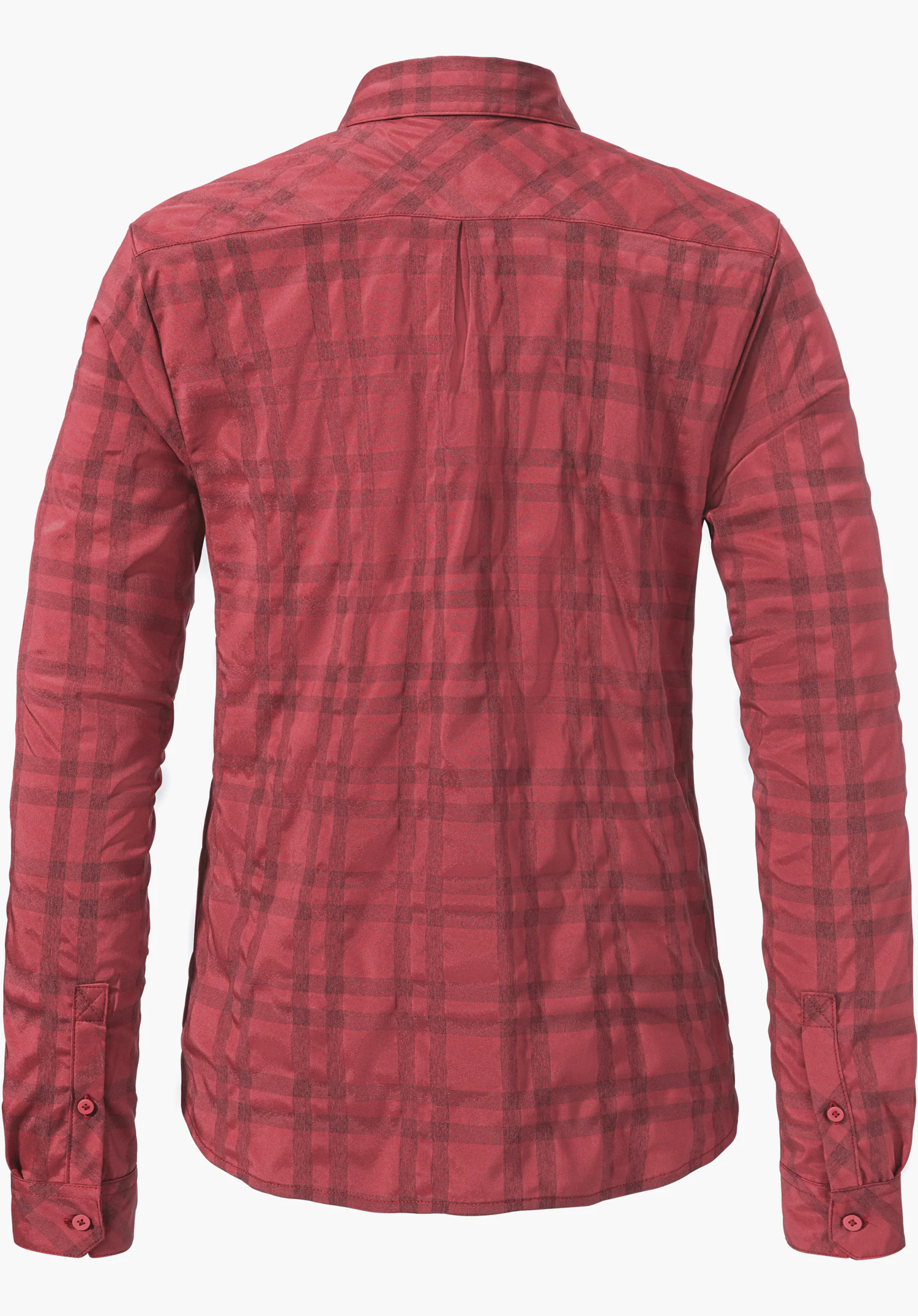 Blouse Style Yekuro WMS Rosa Langarmhemd mit dunkelrotem Karomuster, Rückansicht; hängt glatt, zeigt Kragen, Rückenfalte und geknöpfte Manschetten; neutraler weißer Hintergrund.