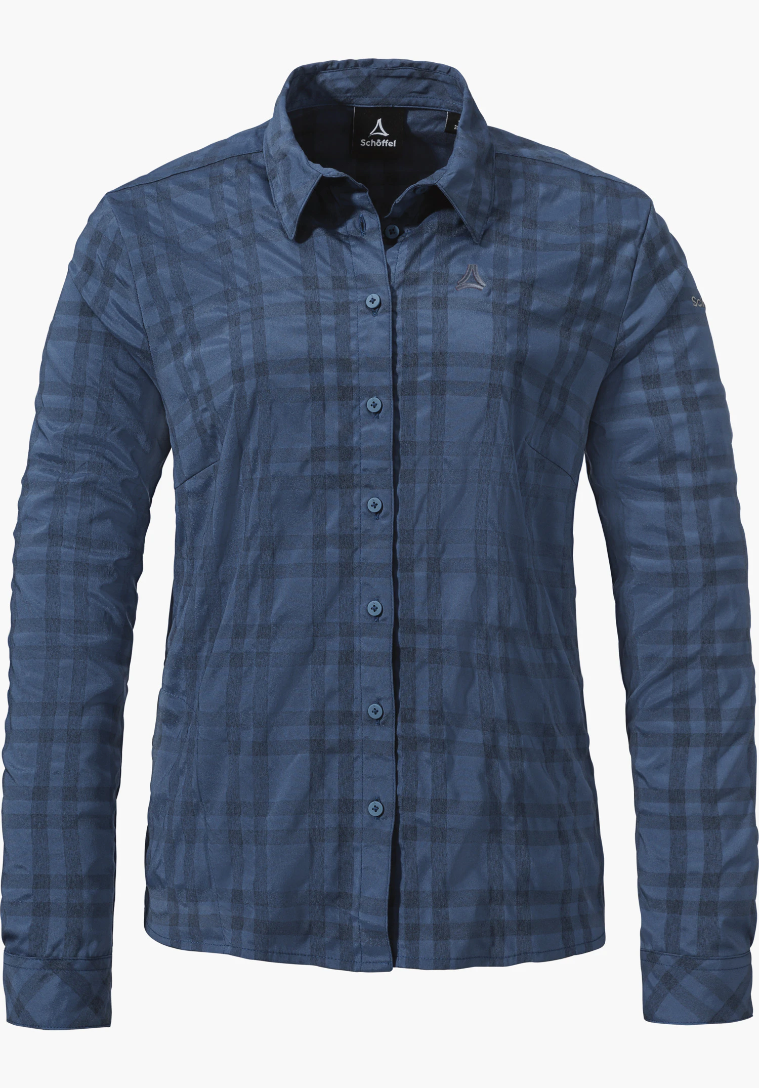 Blouse Style Yekuro WMS Blaues kariertes Langarmhemd, frontal geknöpft, hängt gerade vor weißem Hintergrund; Schöffel-Logo auf Brust und Kragenetikett. Schriftzug im Bild: "Schöffel" (auf Kragenetikett und Ärmel).