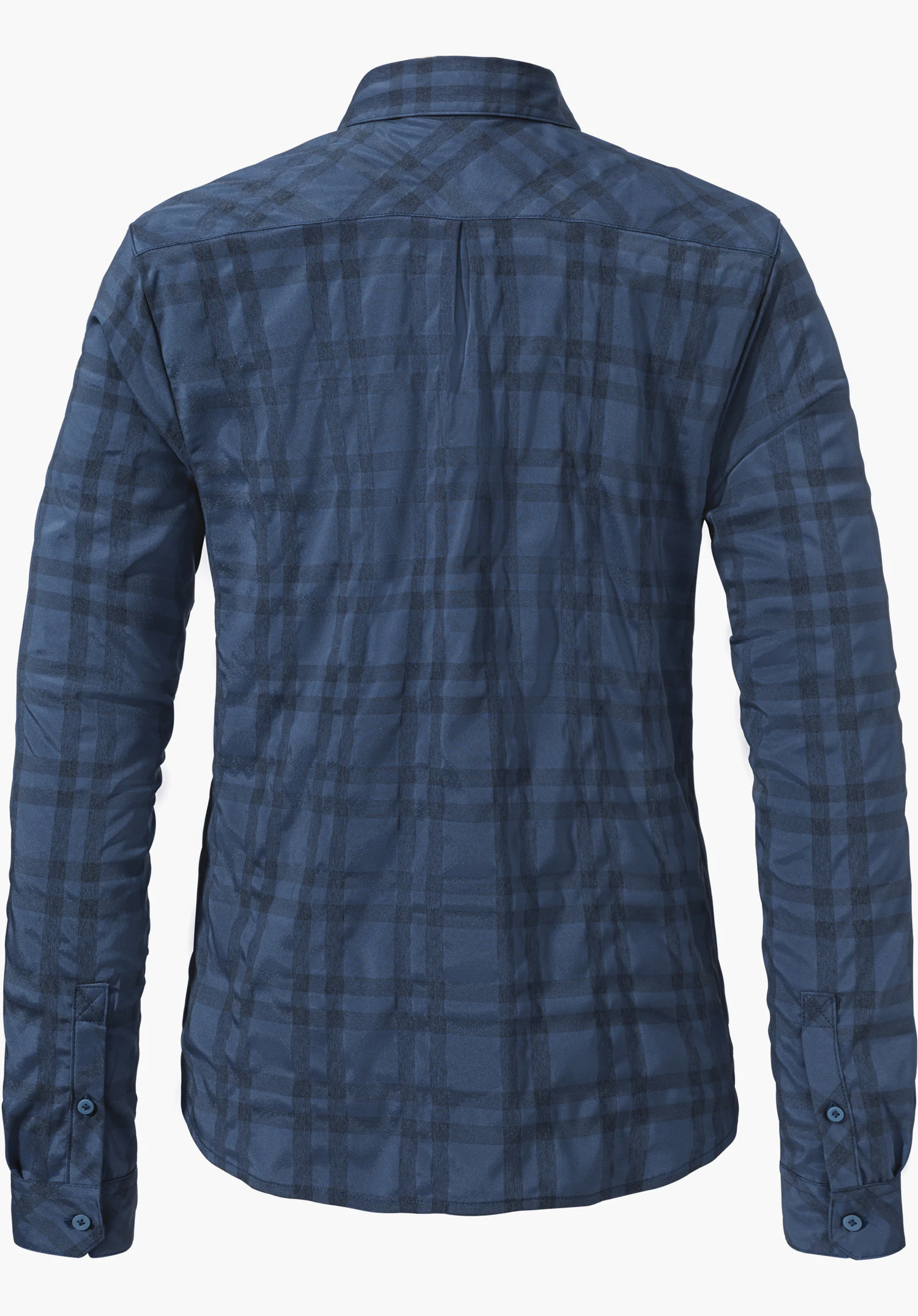 Blouse Style Yekuro WMS Dunkelblaues kariertes Langarmhemd zeigt Rückseite; umgelegter Kragen, Knopfmanschetten, dunkles Karo, freigestellt vor weißem Hintergrund.