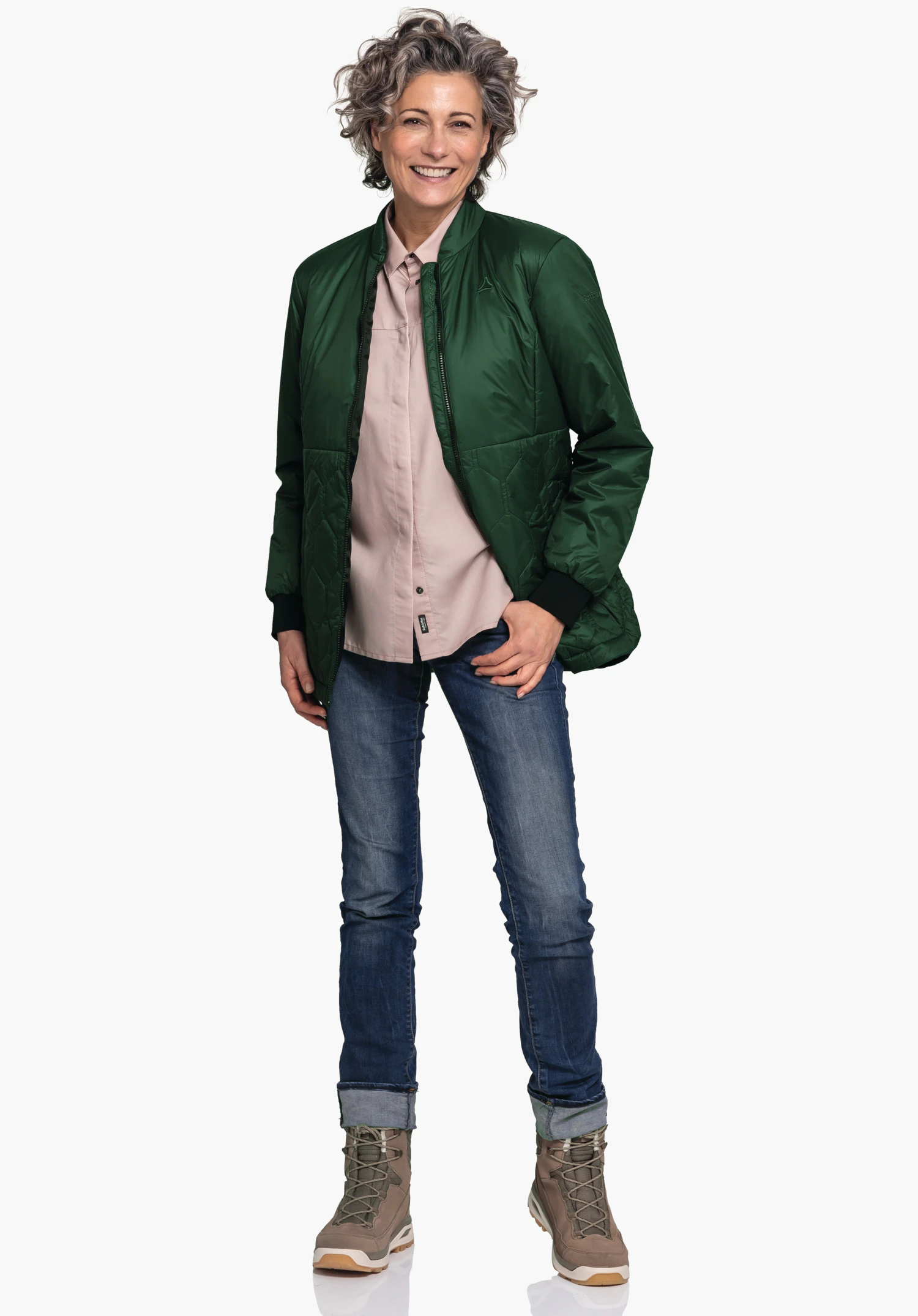 Ins Jacket Style Malkay WMS montre le logo Schöffel sur le tissu vert près du col et de la fermeture éclair, gros plan sur fond blanc/neutre.