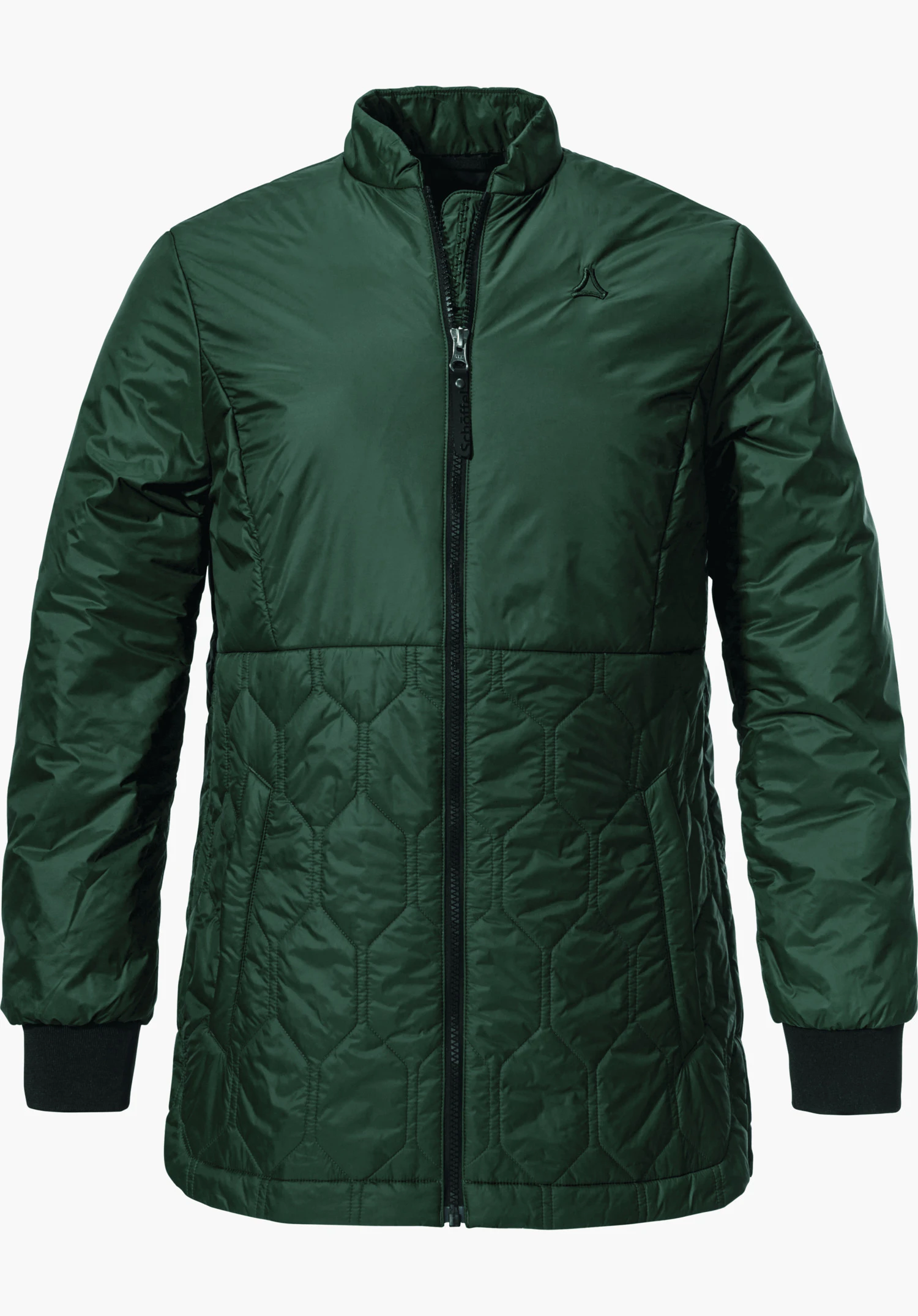 Ins Jacket Style Malkay WMS veste matelassée vert foncé, présentée de face; logo Schöffel sur la poitrine gauche; fermeture éclair intégrale avec inscription « Schöffel »; sur fond blanc neutre.
