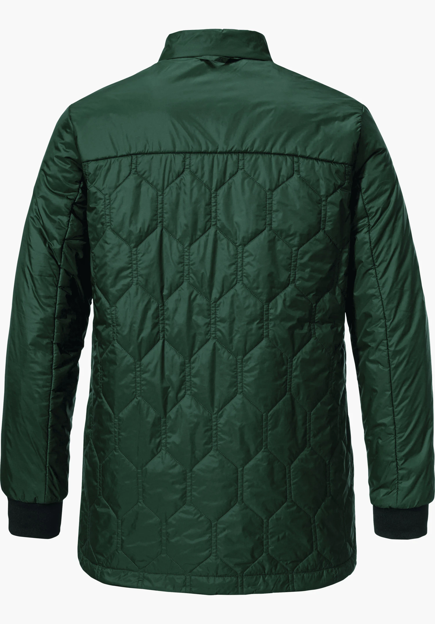 Ins Jacket Style Malkay WMS Veste matelassée vert foncé, vue de dos; à plat, surpiqûres hexagonales visibles, poignets noirs, sur fond blanc.