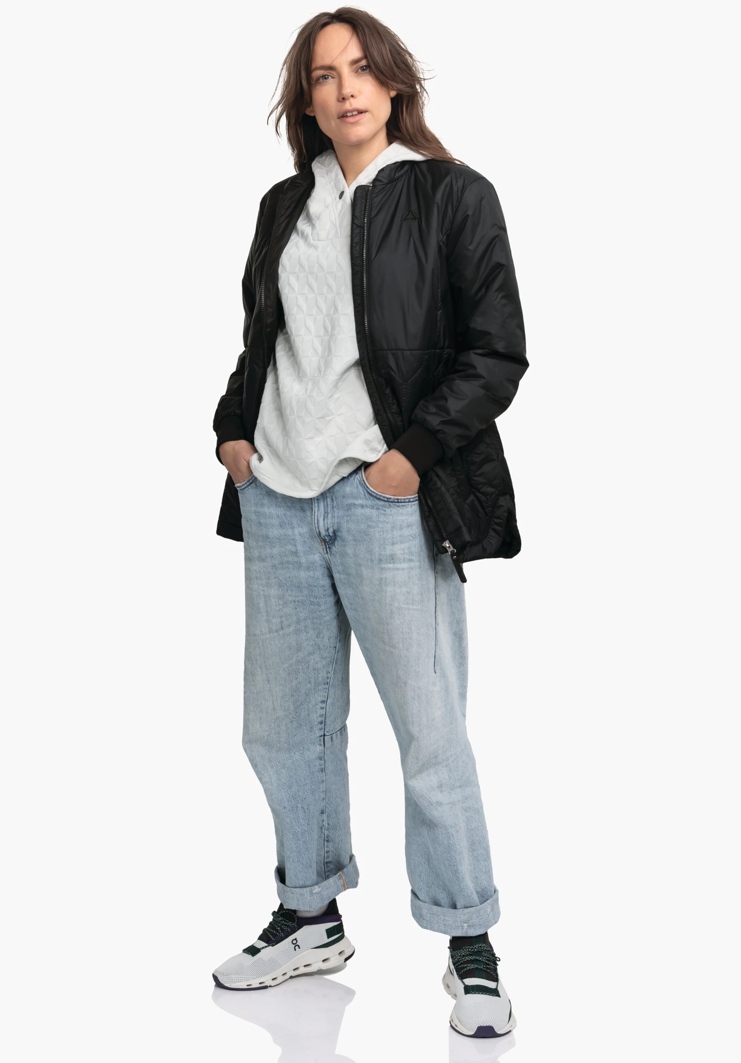 Ins Jacket Style Malkay WMS featuring the subtle Schöffel logo on the black outer fabric at the chest next to the front zip, close-up against a white/neutral background.