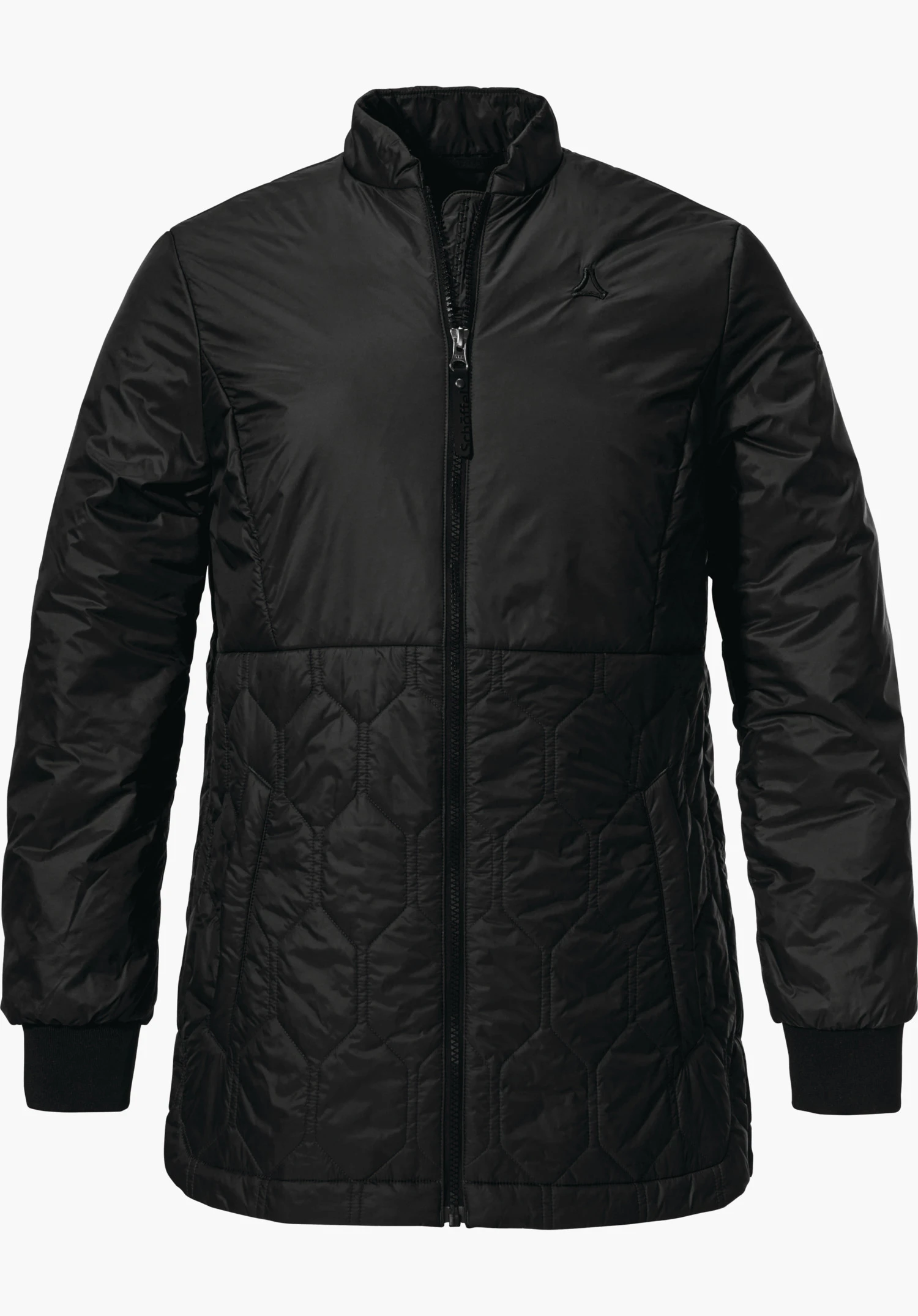 Ins Jacket Style Malkay WMS black quilted jacket, front zip closed, Schöffel logo on the left chest, padded pattern on the lower section, straight fit, presented on a white background.