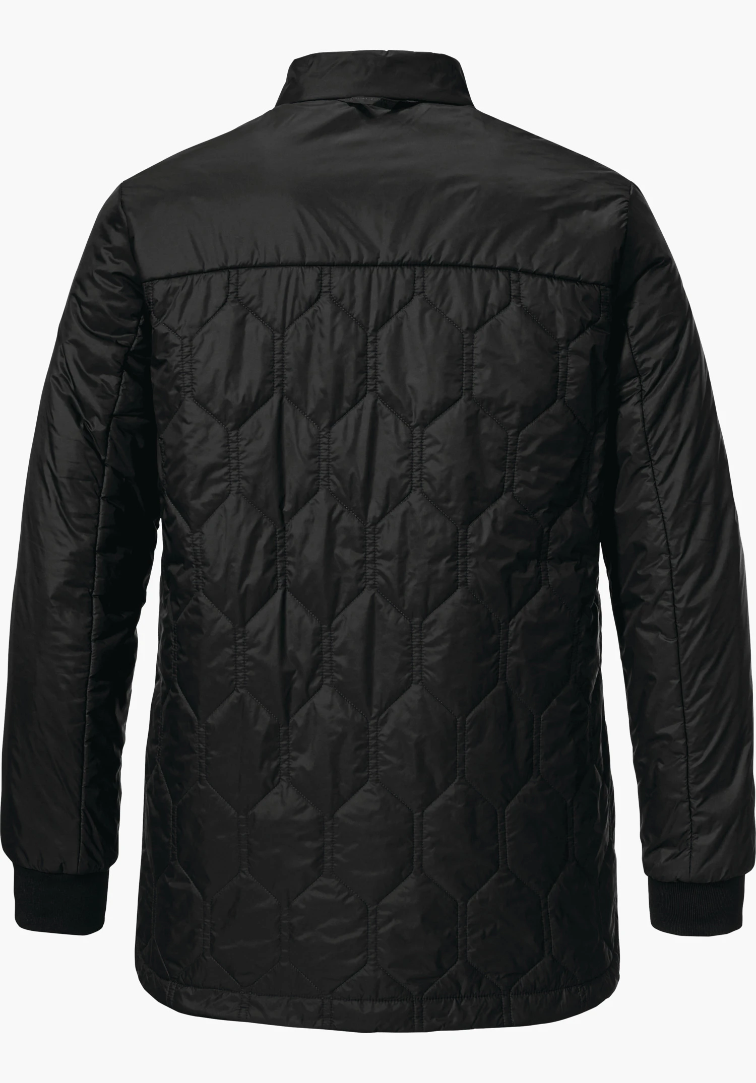 Ins Jacket Style Malkay WMS black quilted jacket, presented from the back, showing hexagonal quilting, long sleeves with cuffs and a stand-up collar against a white background.