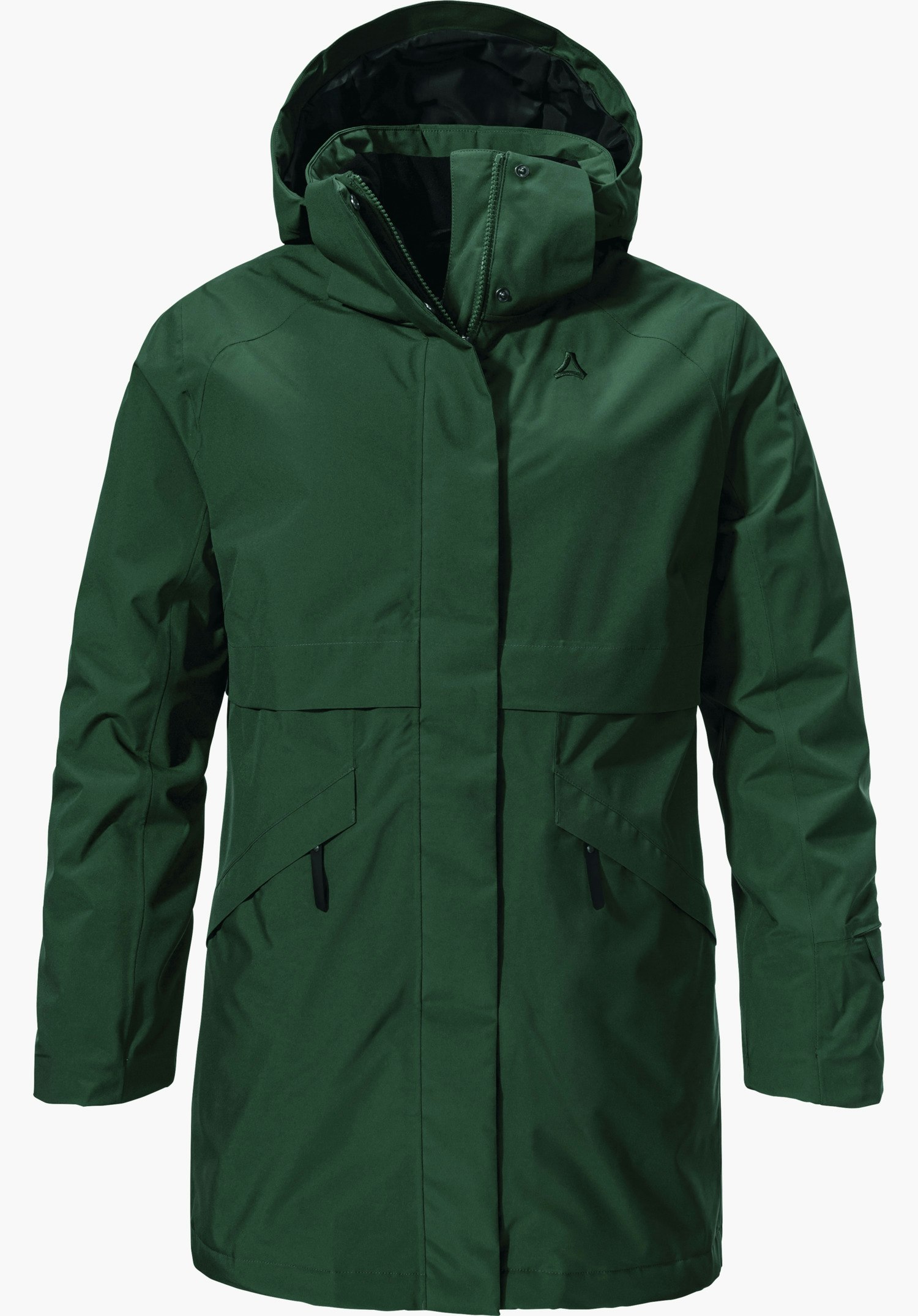 Ins Parka Style Malkay WMS parka vert foncé, fermé sur l’avant, avec capuche et patte de fermeture éclair; logo Schöffel sur la poitrine; design sobre, deux poches, fond blanc.