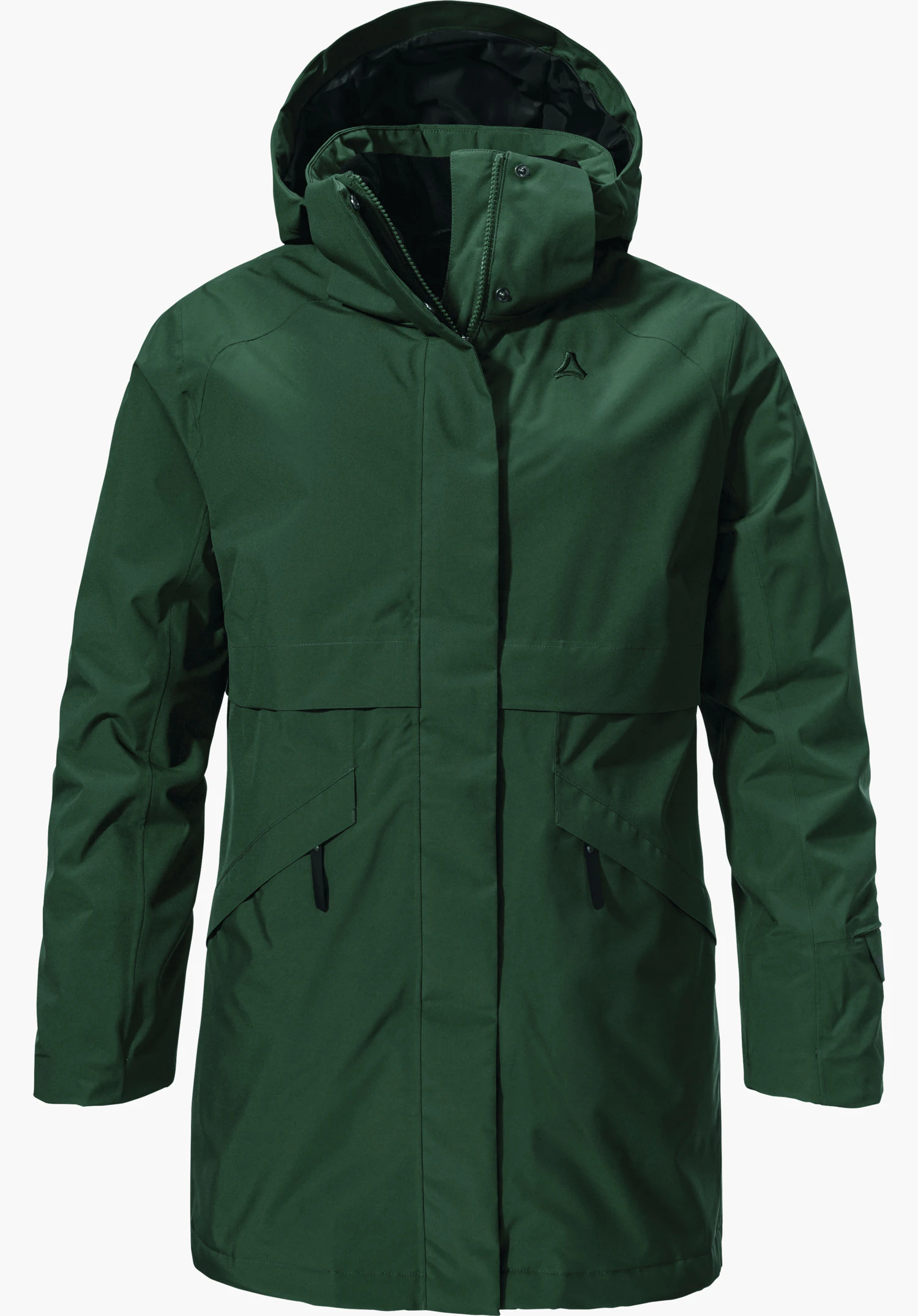 Ins Parka Style Malkay WMS dark green parka jacket, front closed, with hood and zip flap; Schöffel logo on the chest; simple design, two pockets, on a white background.