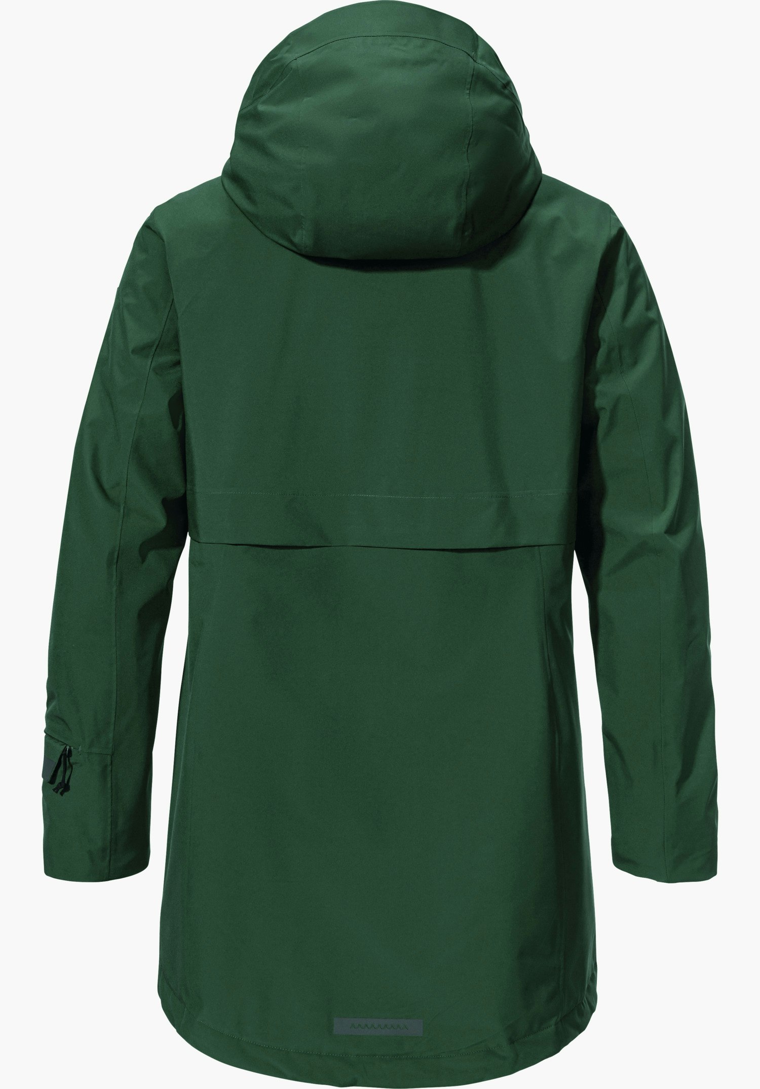 Ins Parka Style Malkay WMS parka vert foncé, vue arrière; capuche relevée, manches sur les côtés, coupe mi-longue, surface lisse avec coutures discrètes; ourlet sobre; fond clair neutre.