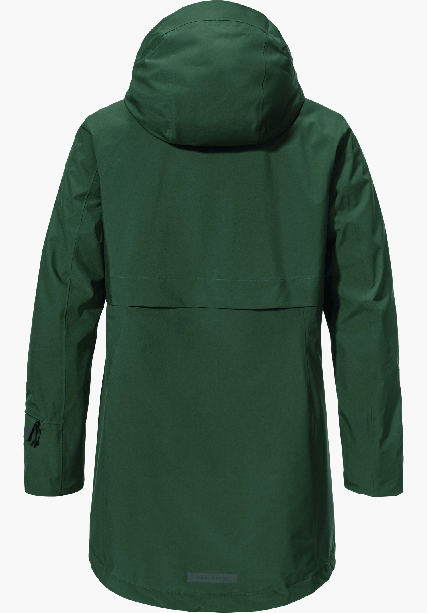 Ins Parka Style Malkay WMS Donkergroene parka, achteraanzicht; capuchon rechtop, mouwen langs de zijkant; middellange pasvorm, glad oppervlak met subtiele naden; onopvallende zoom; neutrale lichte achtergrond.