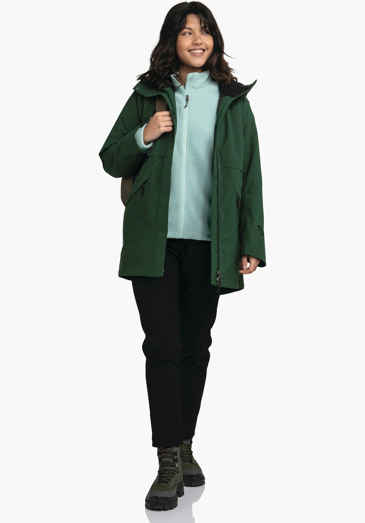 Ins Parka Style Malkay WMS montre la texture de haute qualité du matériau extérieur vert et la fermeture éclair avant, gros plan sur fond blanc/neutre.