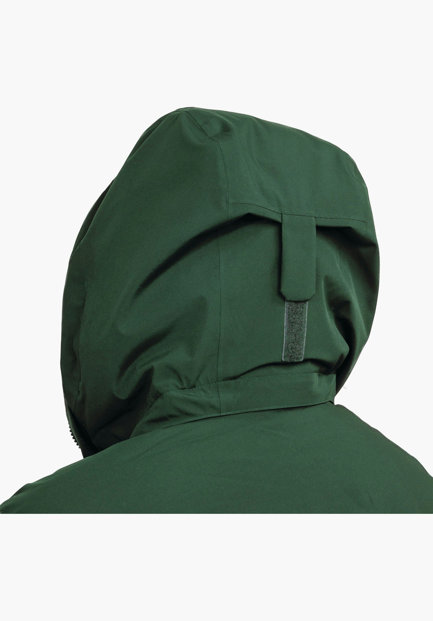 Ins Parka Style Malkay WMS, vue arrière de la capuche verte avec patte velcro pour le réglage du volume, gros plan sur fond blanc.