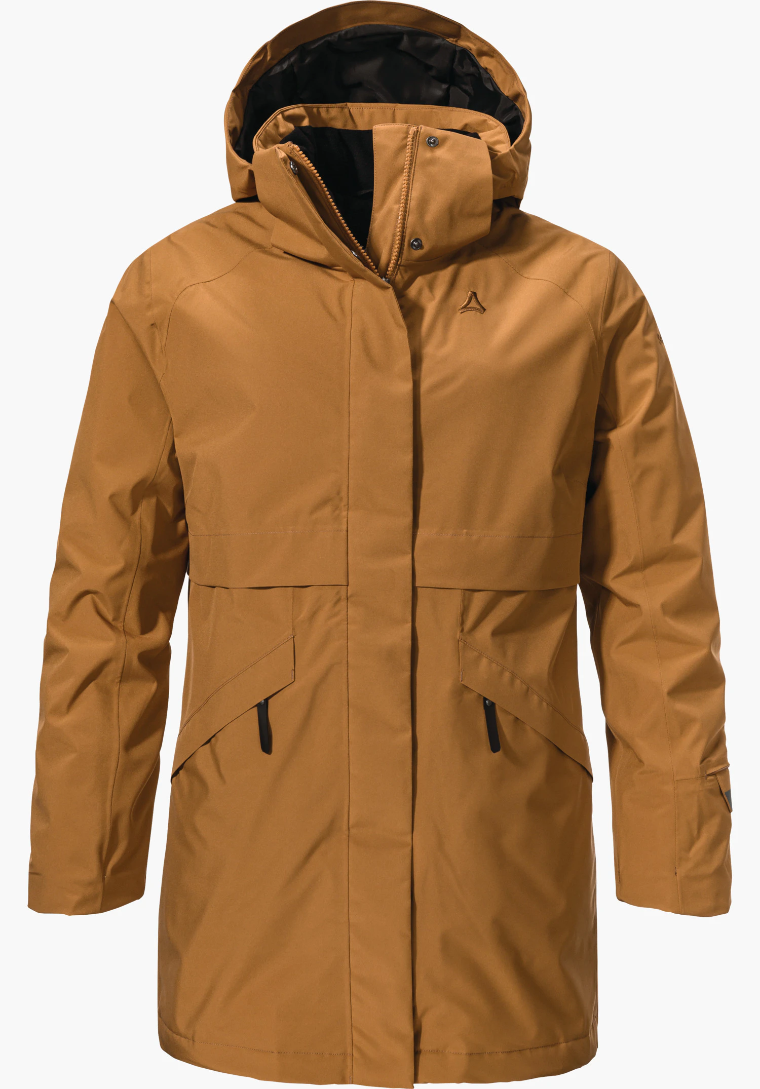 Ins Parka Style Malkay WMS Parka in oranje, frontaal gepresenteerd, met gesloten rits en capuchon, twee opgezette voorzakken; Schöffel-logo op de linkerborst; vrijstaand tegen witte achtergrond.