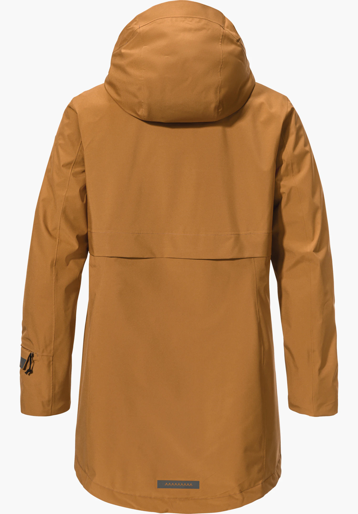 Ins Parka Style Malkay WMS Lichtbruine parka met capuchon, achteraanzicht; rechte rug, lange mouwen en reflecterende zoompatch; vrijstaand op witte achtergrond.