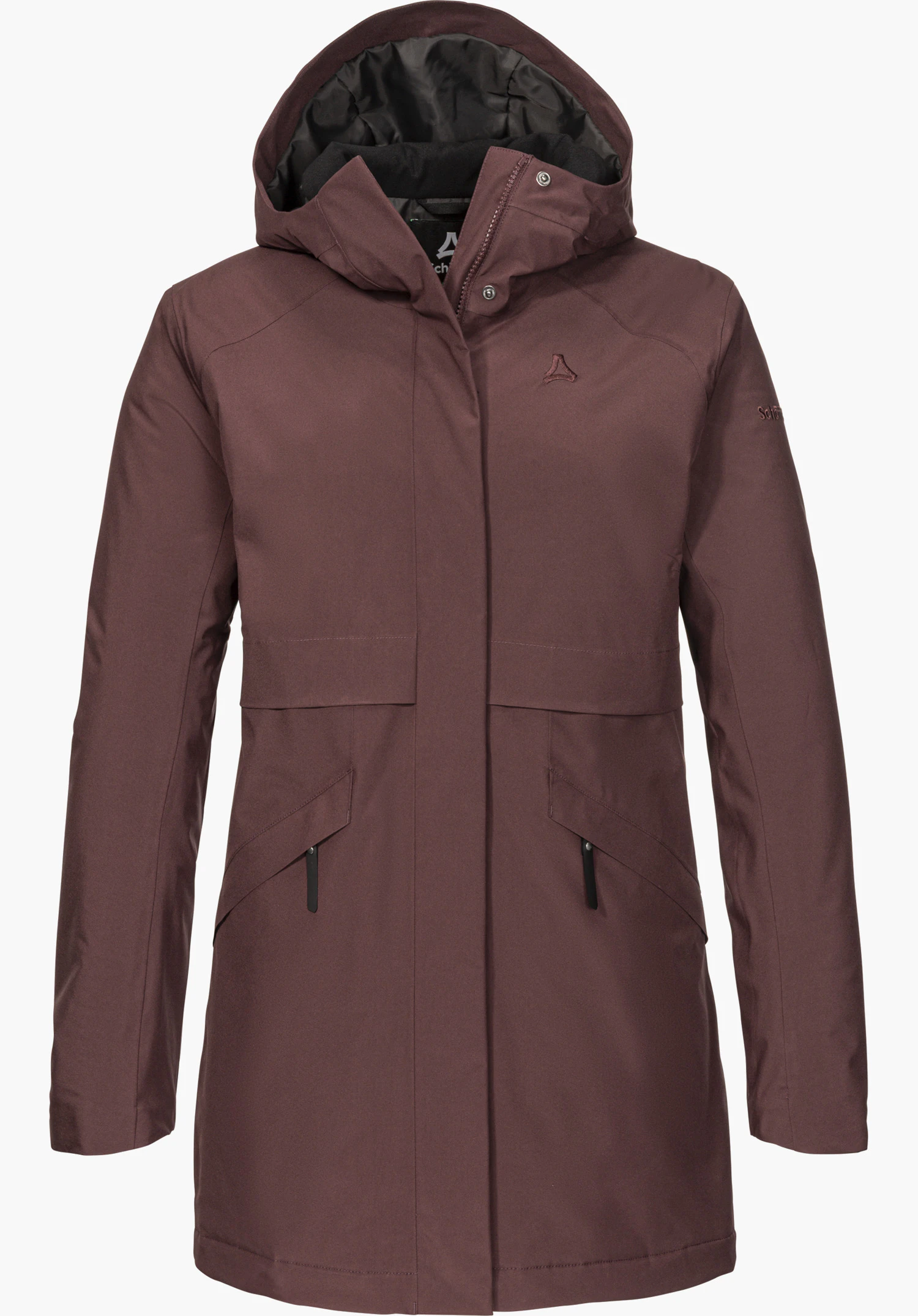 Ins Parka Style Malkay WMS in purple with a hood, concealed zipper and visible Schöffel logo, isolated on a white background.