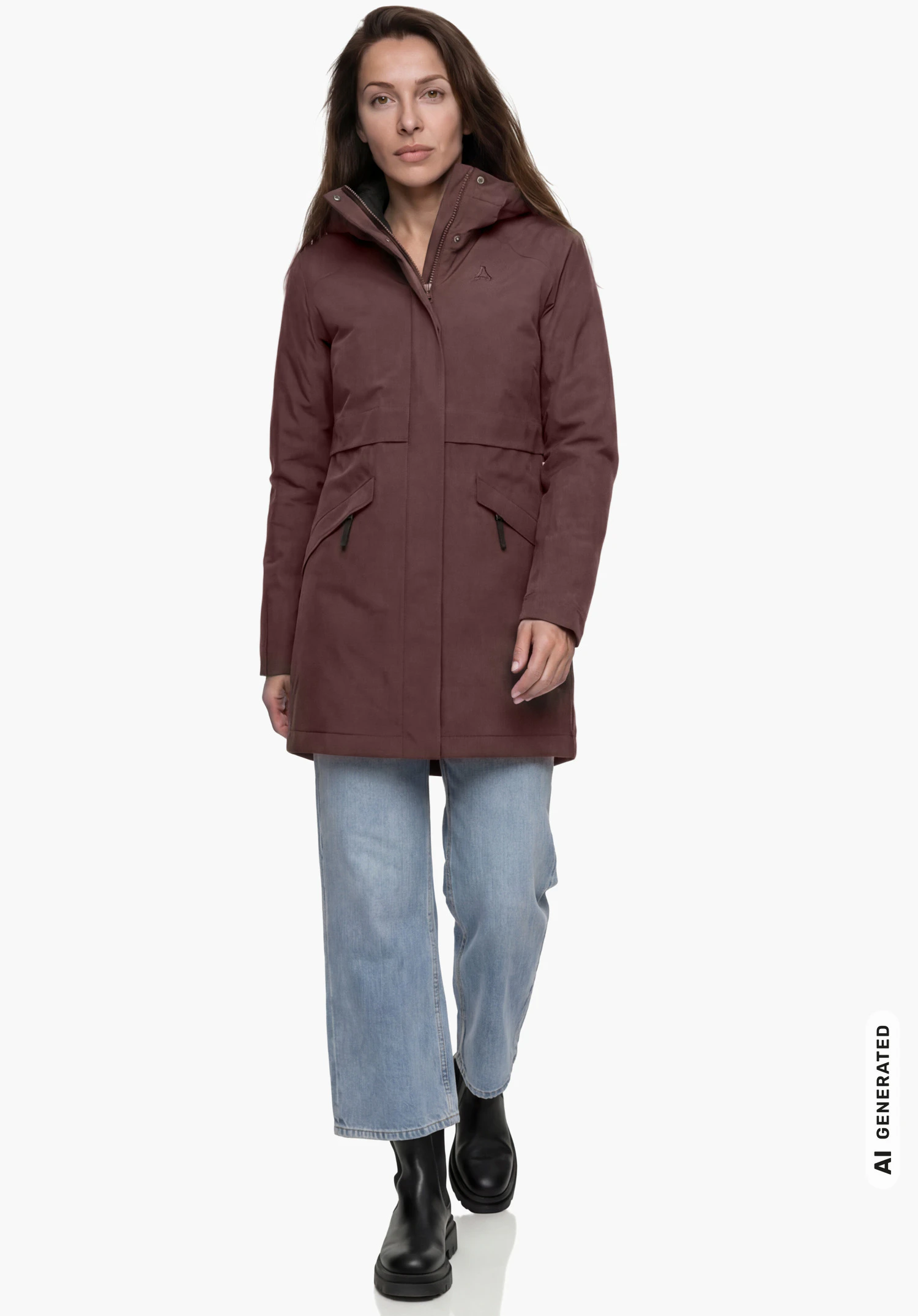 Ins Parka Style Malkay WMS en violet avec logo Schöffel, porté par un modèle féminin debout et vu de face avec les bras le long du corps sur fond blanc. (Généré par IA)