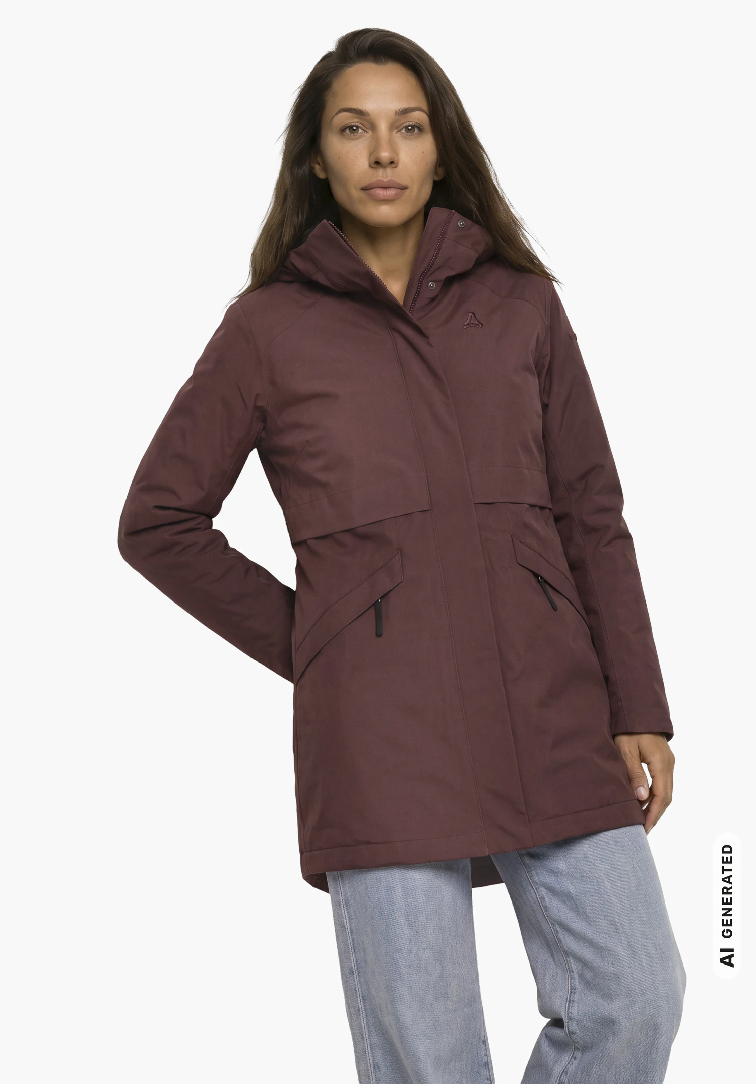 Ins Parka Style Malkay WMS in lila, met zichtbaar Schöffel-logo, gedragen door een vrouwelijk model in zijaanzicht met gebogen armen en het lichaam licht opzij gedraaid tegen een witte achtergrond. (Door AI gegenereerd)