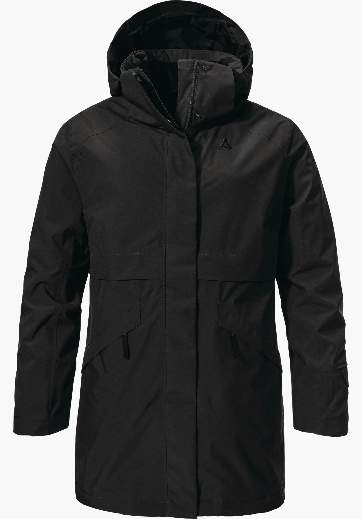 Ins Parka Style Malkay WMS black knee-length parka jacket with hood, Schöffel logo on the chest, front view on a white background.