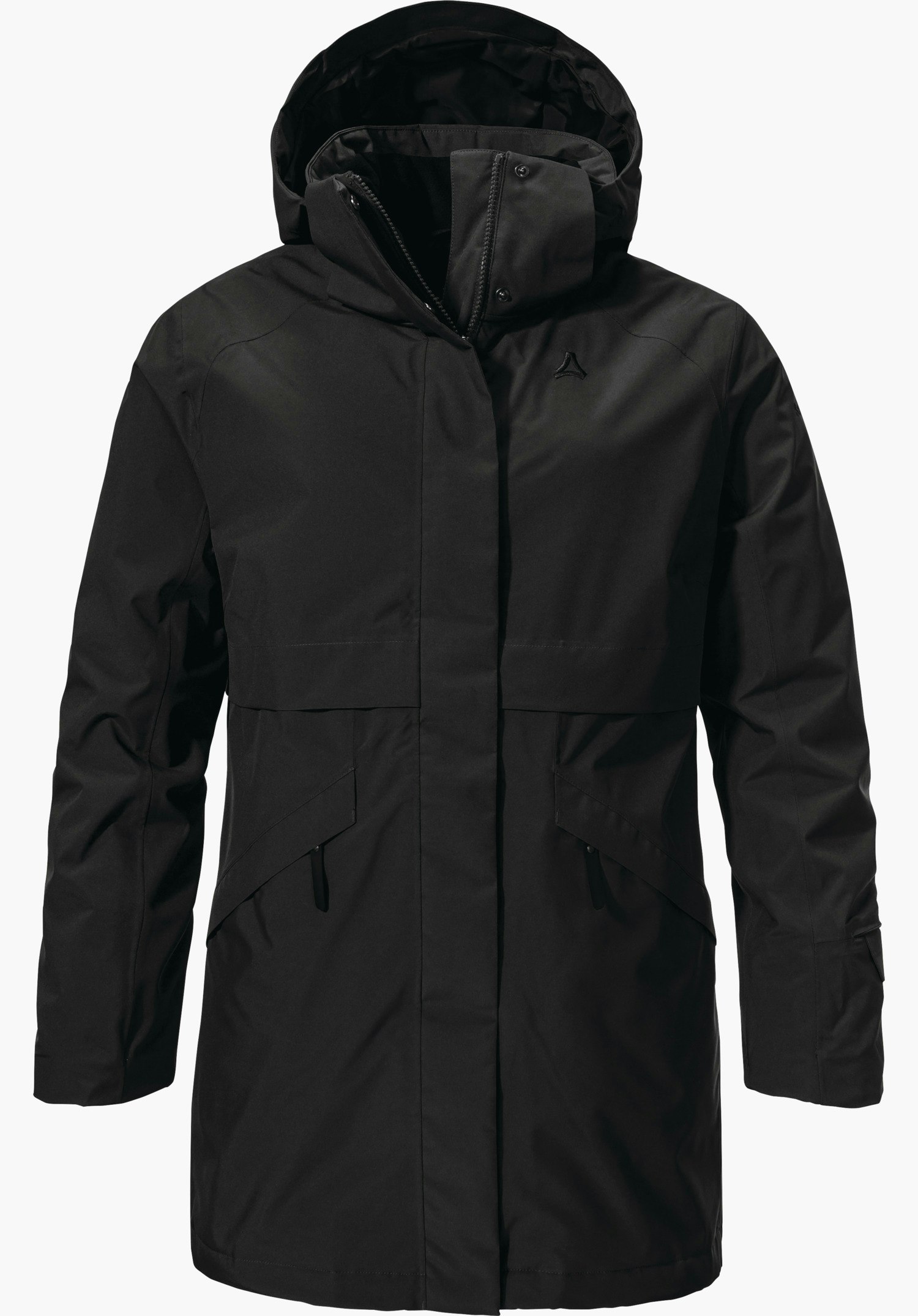 Ins Parka Style Malkay WMS parka noir mi-long avec capuche, logo Schöffel sur la poitrine, présenté de face sur fond blanc.