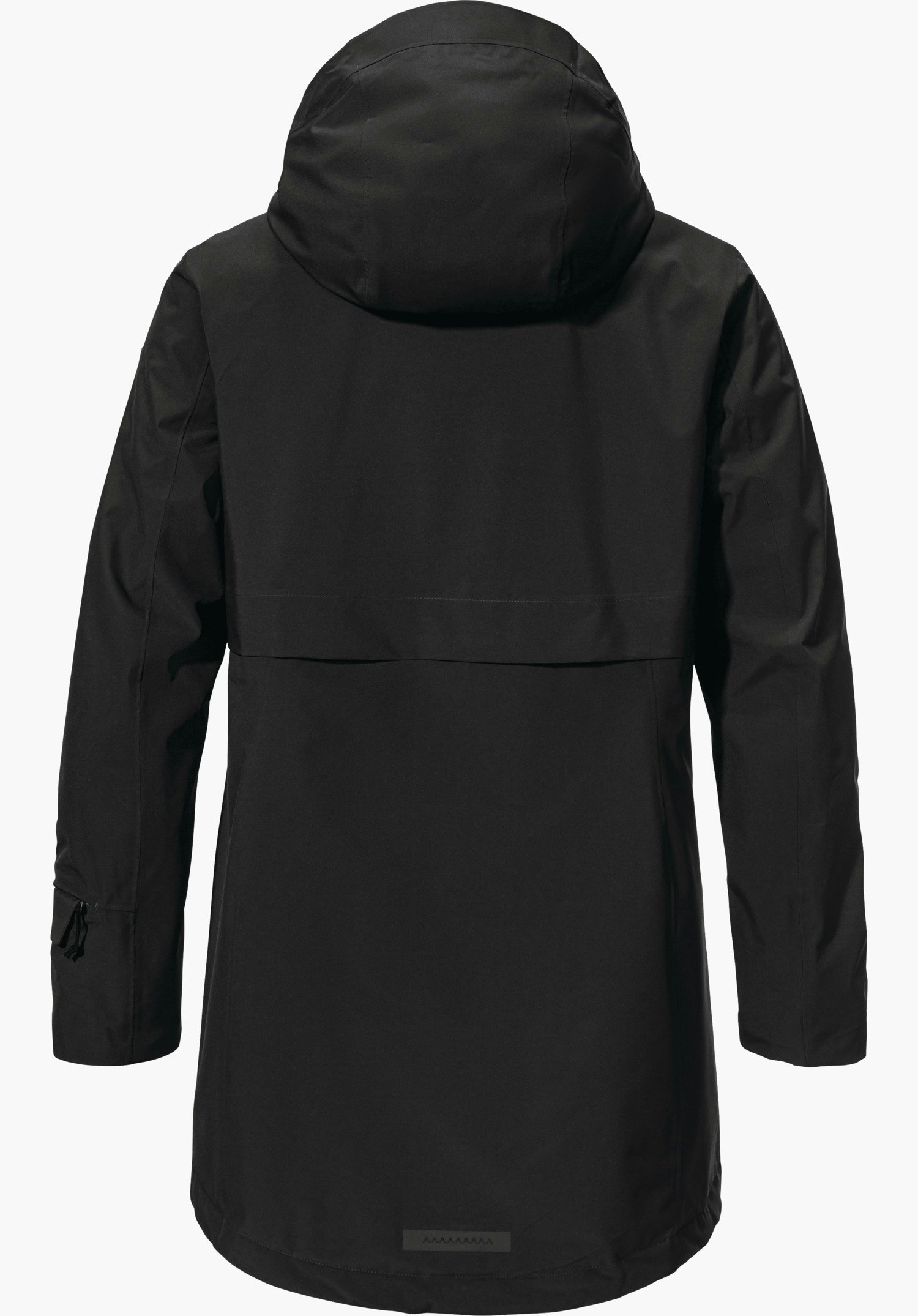 Ins Parka Style Malkay WMS parka noir, vue arrière; capuche fixée, manches avec poignets réglables; vêtement présenté bien lisse et droit sur fond blanc.