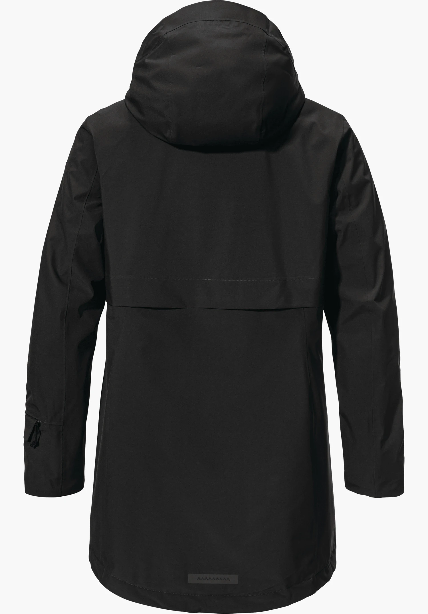 Ins Parka Style Malkay WMS Zwarte parka, achteraanzicht; met aangezette capuchon, mouwen met verstelbare manchetten; kledingstuk glad en recht gepresenteerd op witte achtergrond.