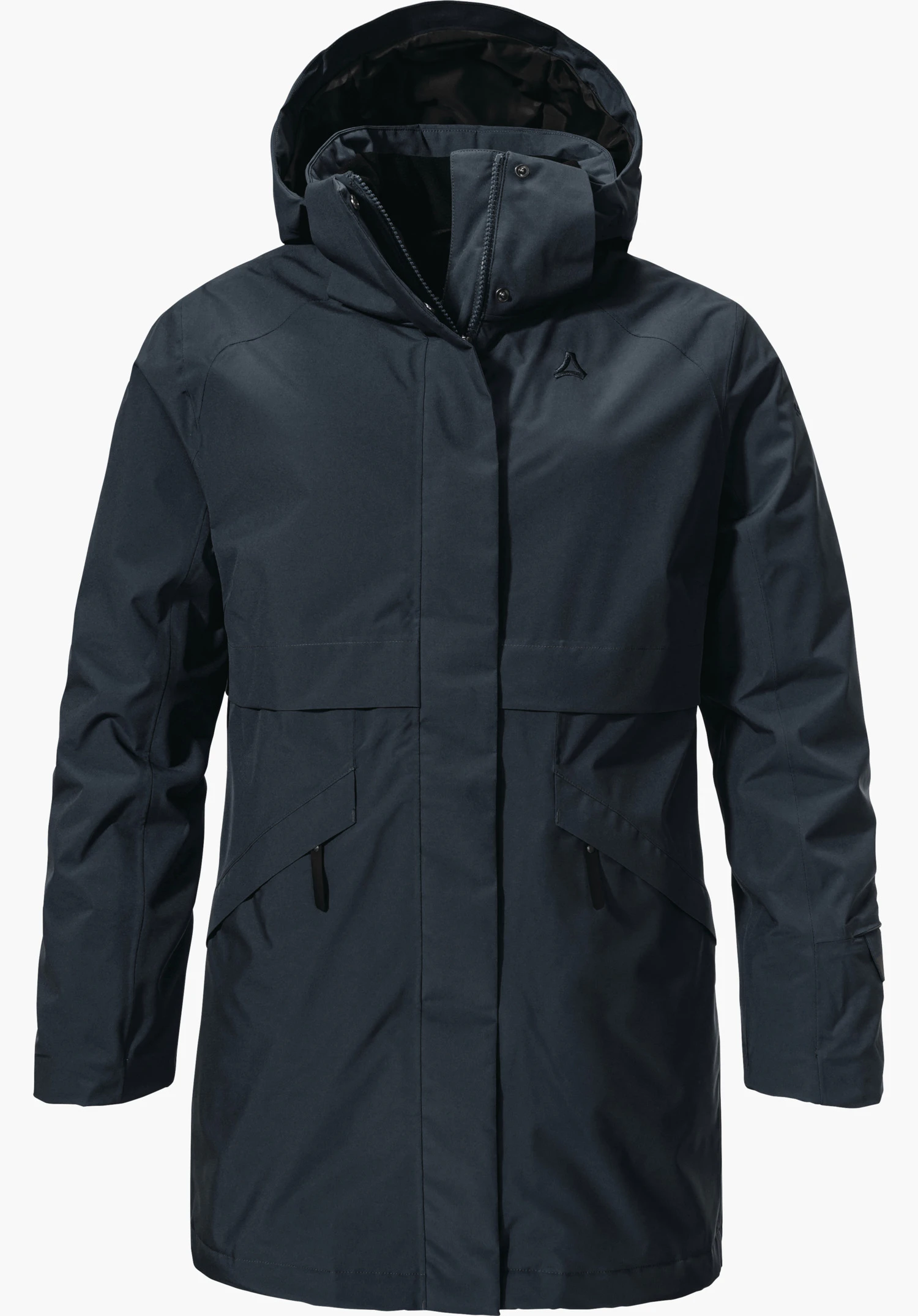 Ins Parka Style Malkay WMS dark blue parka with hood, front view; Schöffel logo on the chest; long sleeves, concealed zip with press-stud placket, two slanted pockets, on a white background.
