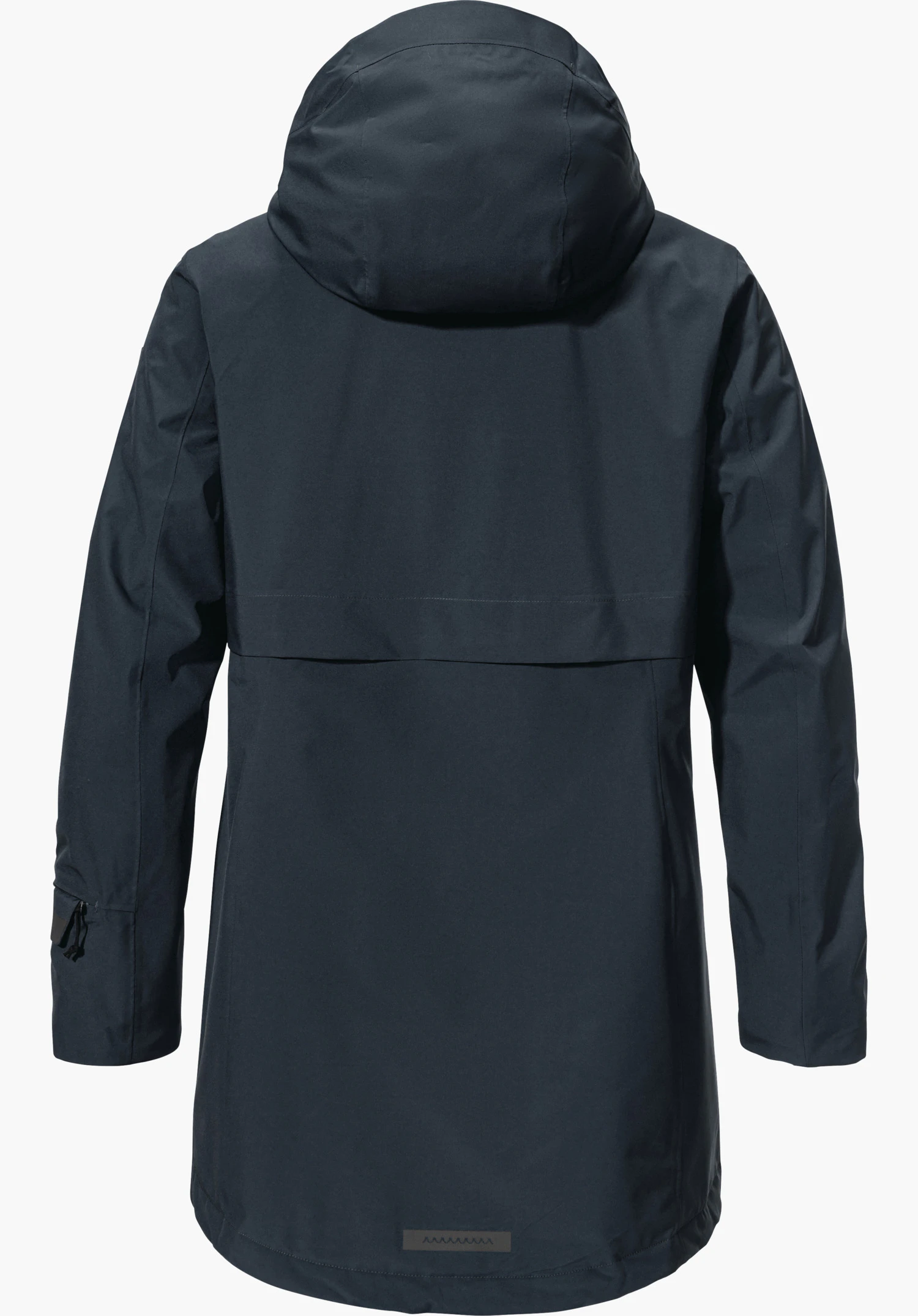 Ins Parka Style Malkay WMS dark blue parka, shown from the back; with hood and long sleeves, mid-length cut; smooth surface, subtle reflective detail at the hem; against a white background.