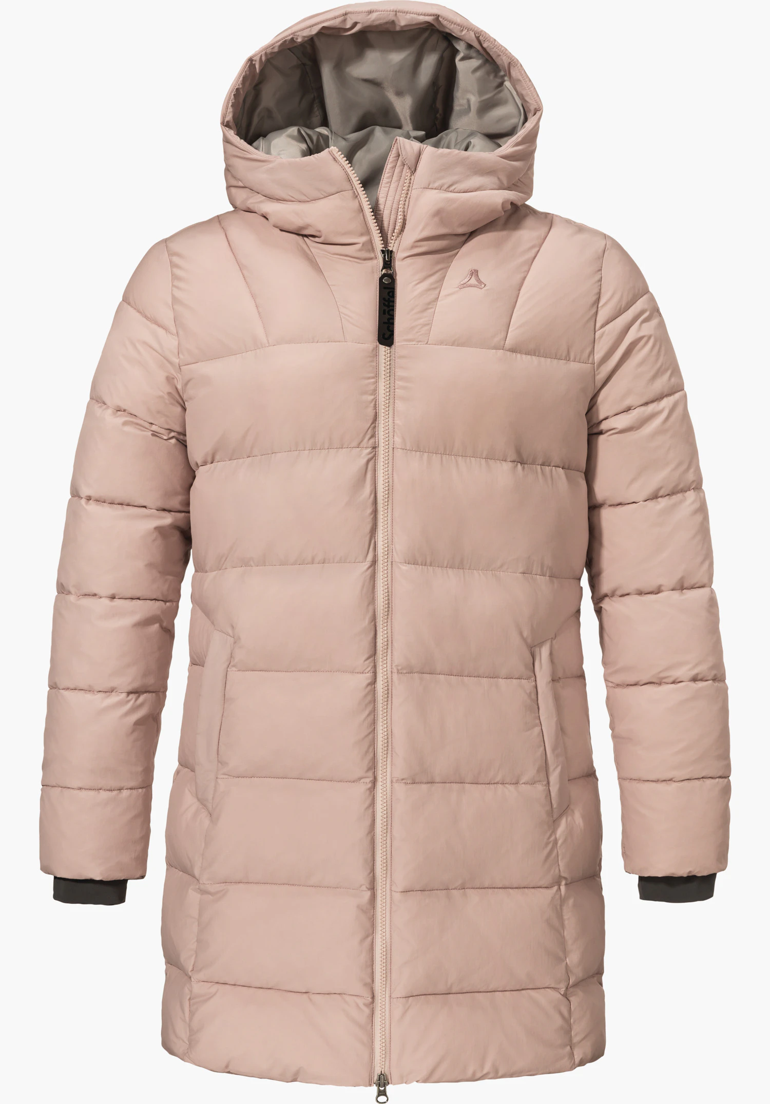 Ins Parka Style Boslix WMS pink quilted hooded coat, front view on a white background; Schöffel logo on the chest. Zip pull text: “Schöffel”. Grey lining.