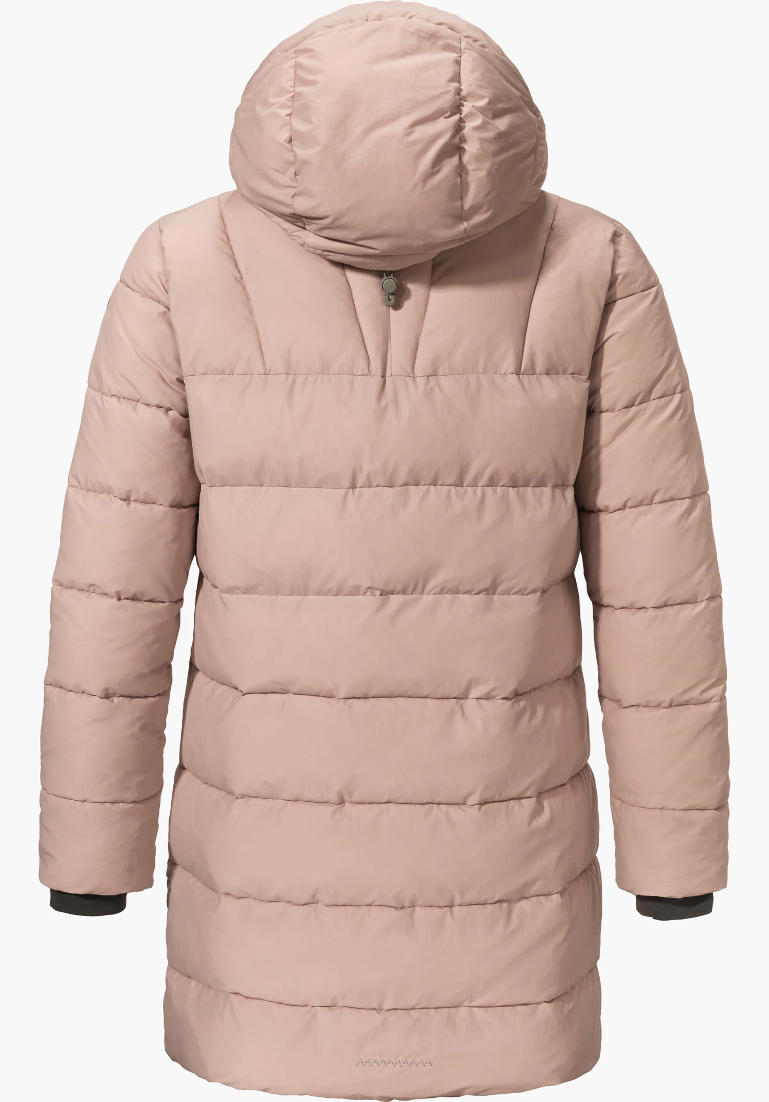 Ins Parka Style Boslix WMS padded coat in light pink with hood, rear view; hangs straight, wide horizontal quilting, long sleeves; neutral white background.